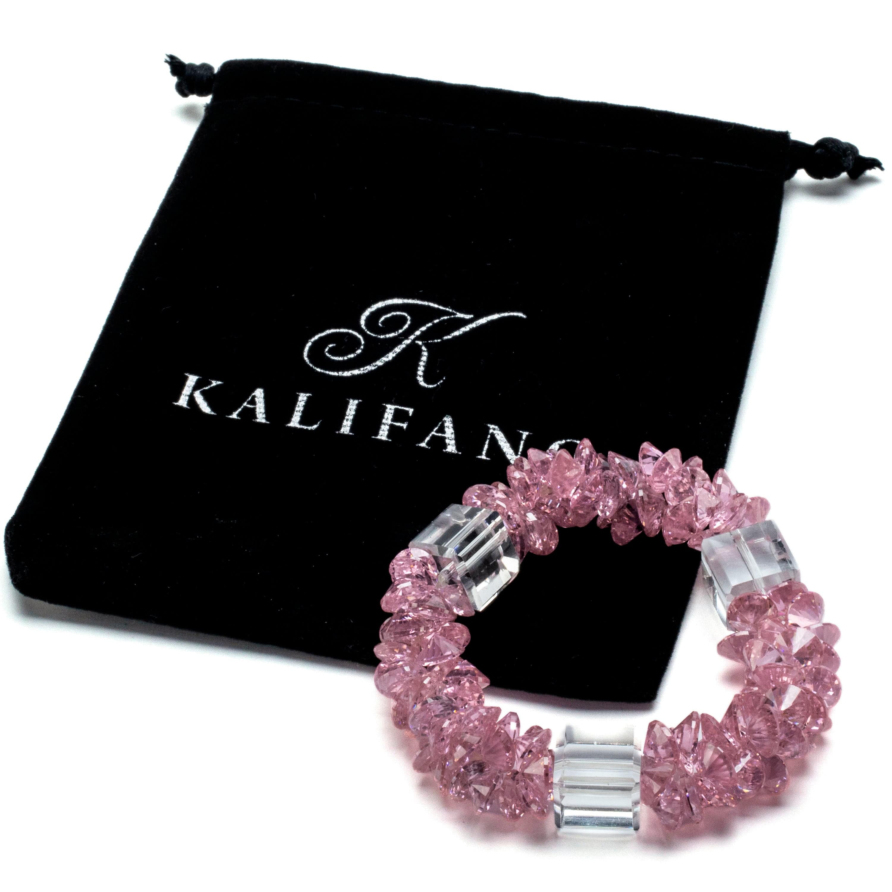 Kalifano Cubic Zirconia Bracelets Pink Cherry Blossom Faceted Cubic Zirconia Crystal Elastic Bracelet GOLD-BCZ-11
