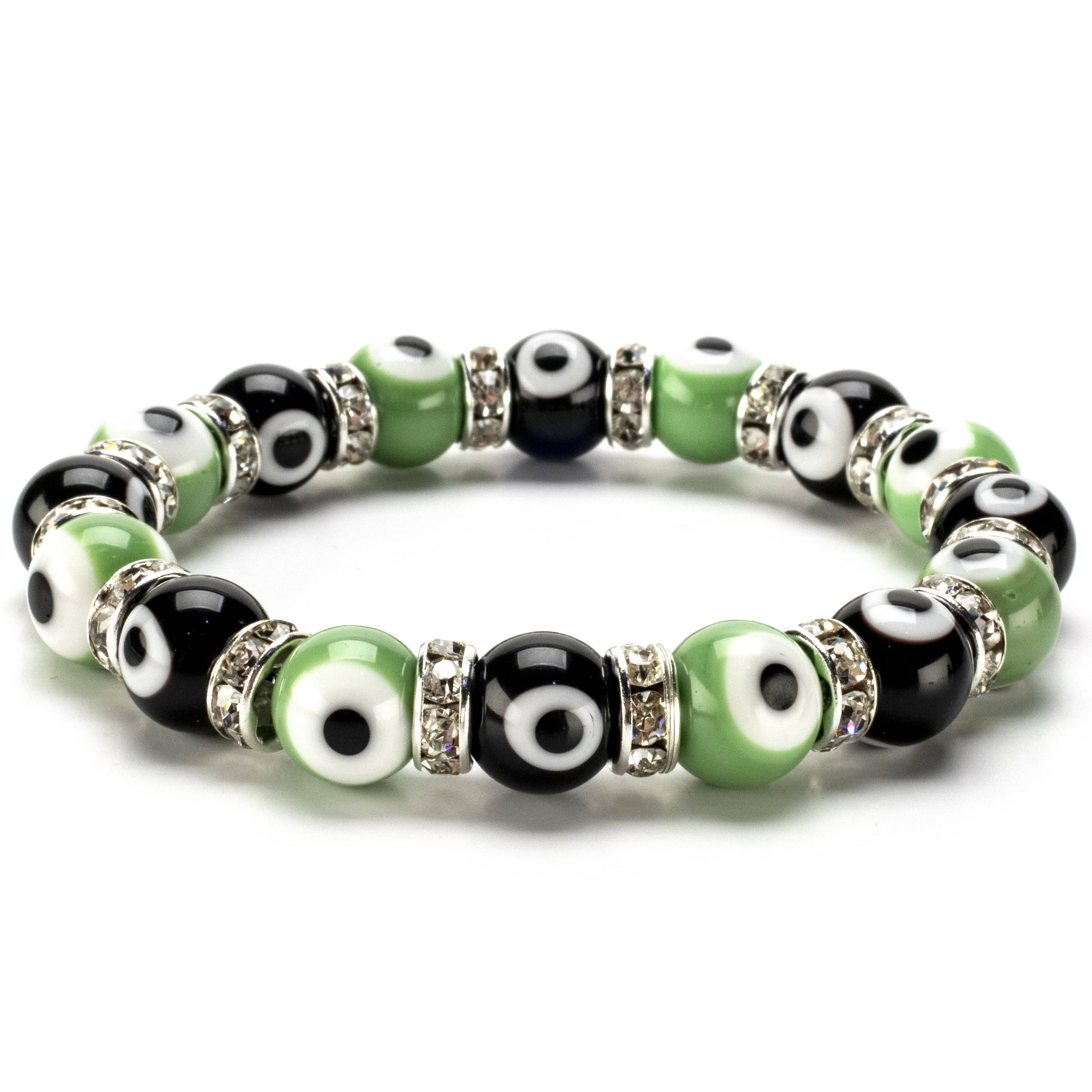 Kalifano Evil Eye Jewelry Black and Green Evil Eye Glass Bracelet with Cubic Zirconia Crystals BLUE-BEE-28