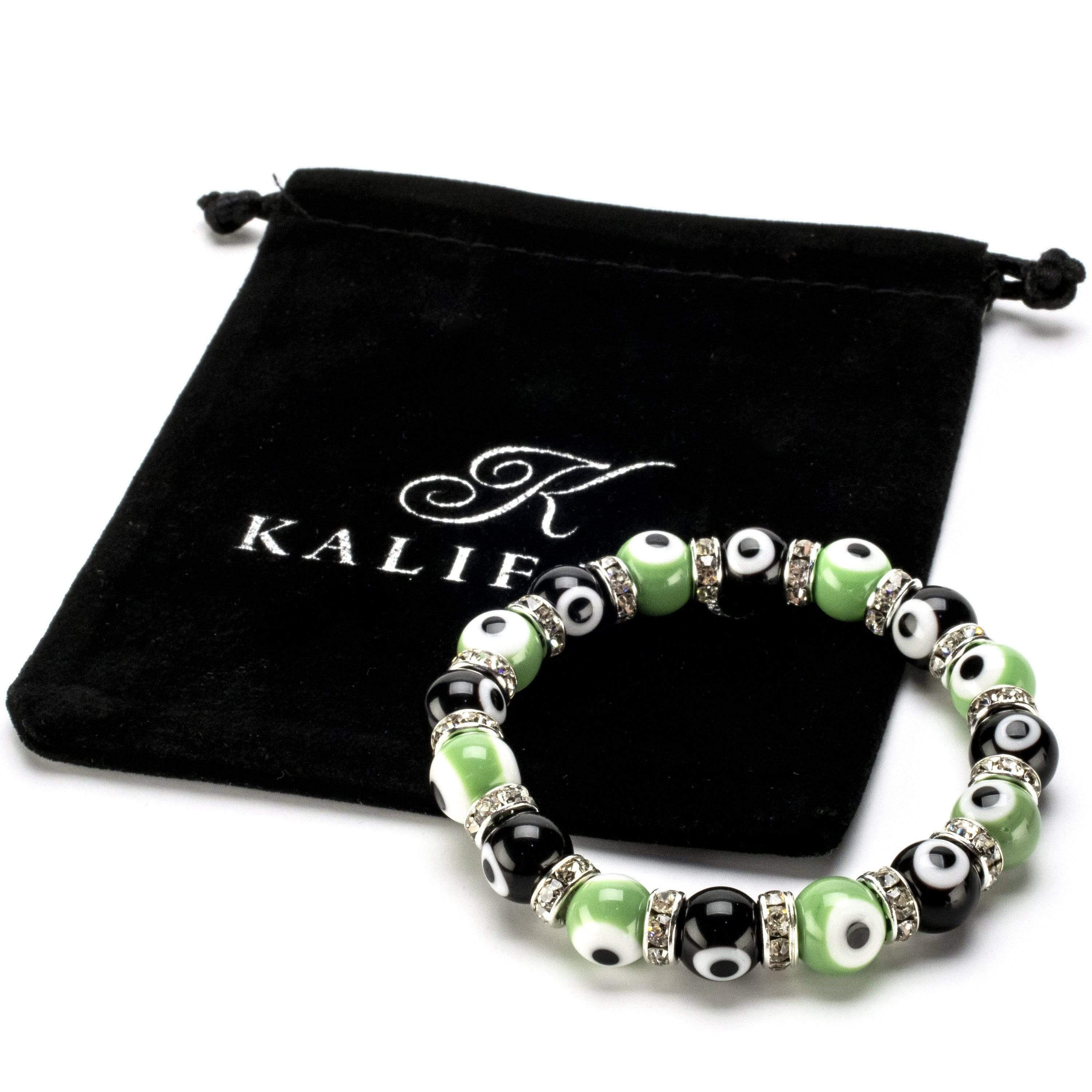 Kalifano Evil Eye Jewelry Black and Green Evil Eye Glass Bracelet with Cubic Zirconia Crystals BLUE-BEE-28