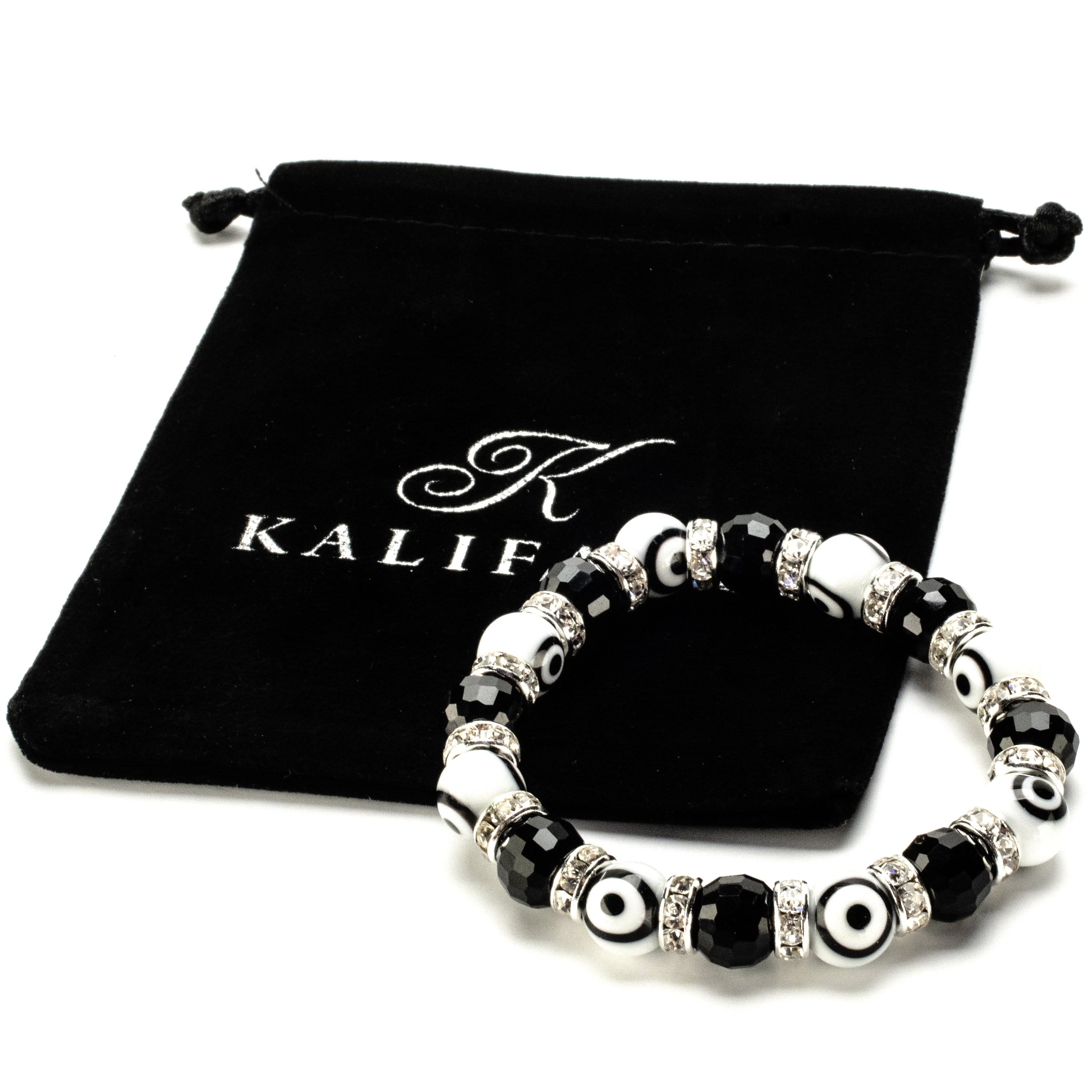 Kalifano Evil Eye Jewelry Black & White Evil Eye Glass Bracelet with Cubic Zirconia Crystals BLUE-BEE-13