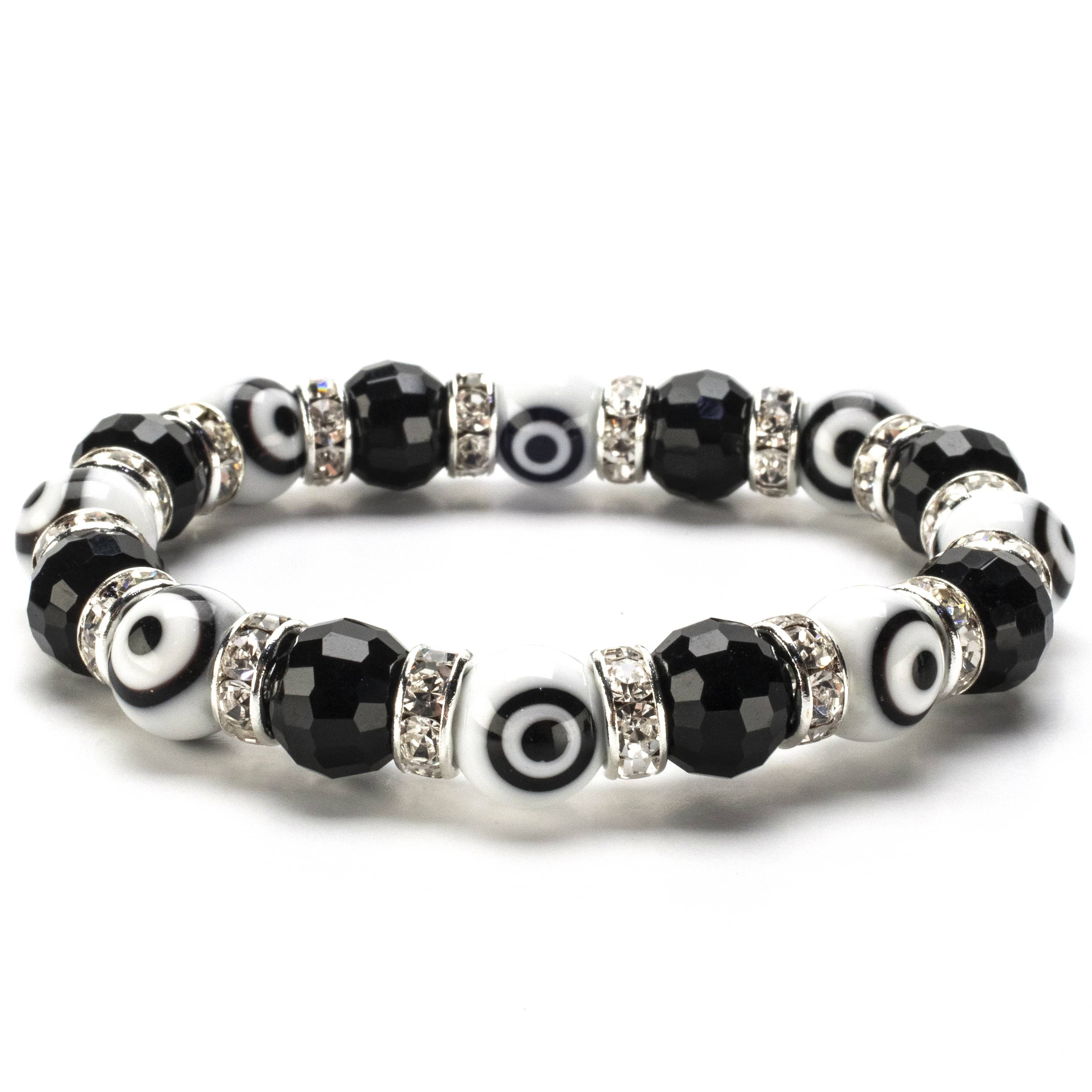 Kalifano Evil Eye Jewelry Black & White Evil Eye Glass Bracelet with Cubic Zirconia Crystals BLUE-BEE-13