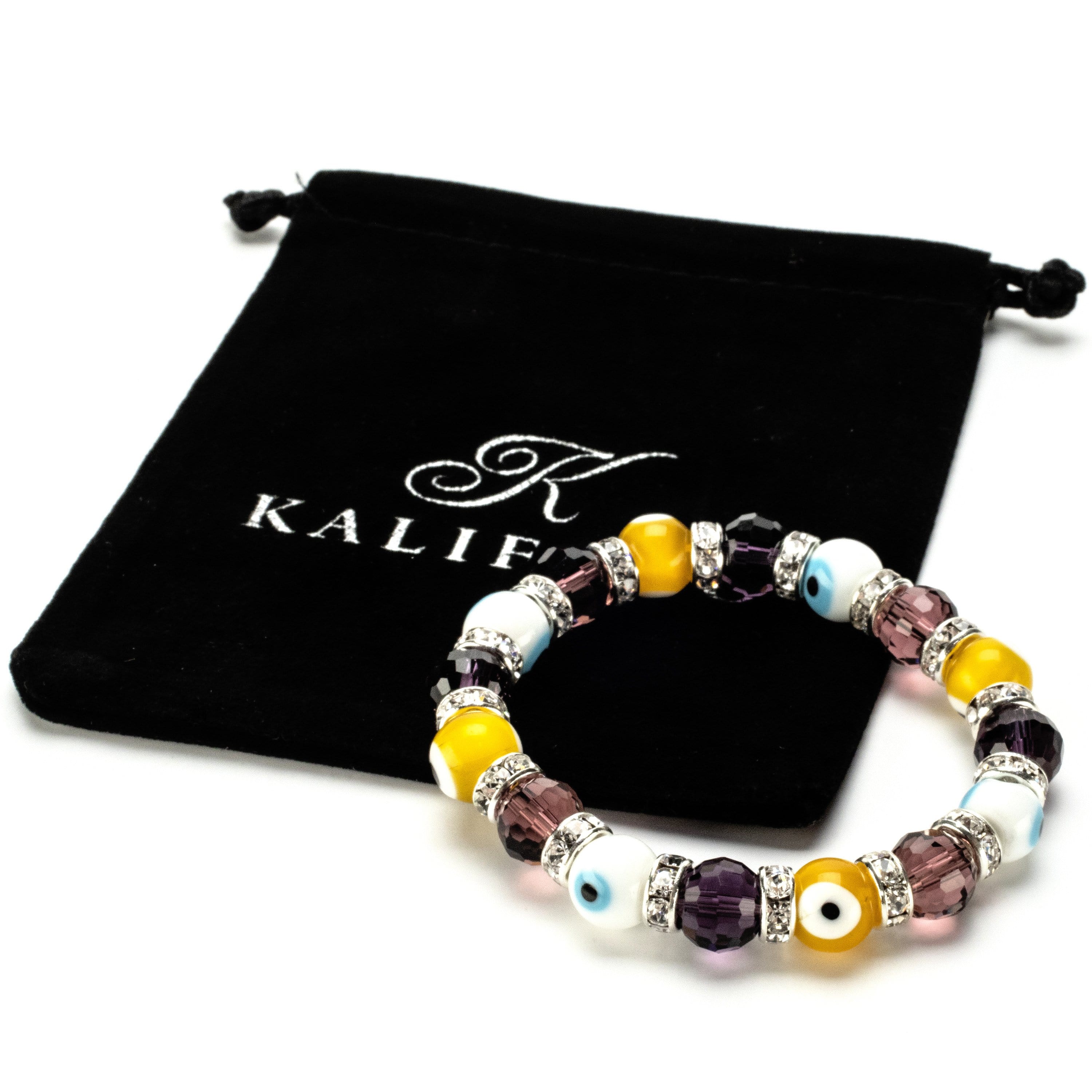 Kalifano Evil Eye Jewelry Multicolor Evil Eye Glass Bracelet with Cubic Zirconia Crystals BLUE-BEE-14