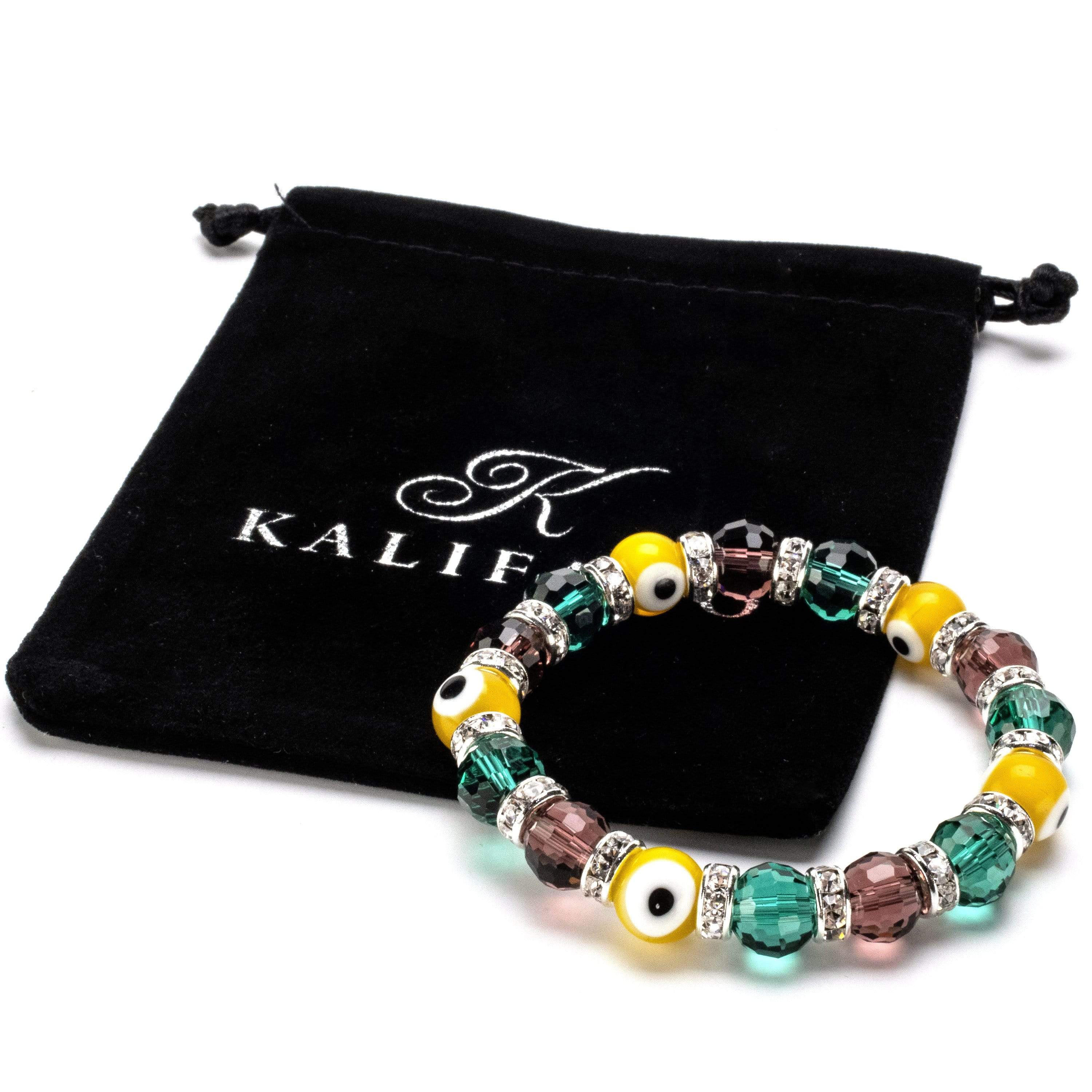 Kalifano Evil Eye Jewelry Multicolor Evil Eye Glass Bracelet with Cubic Zirconia Crystals BLUE-BEE-22