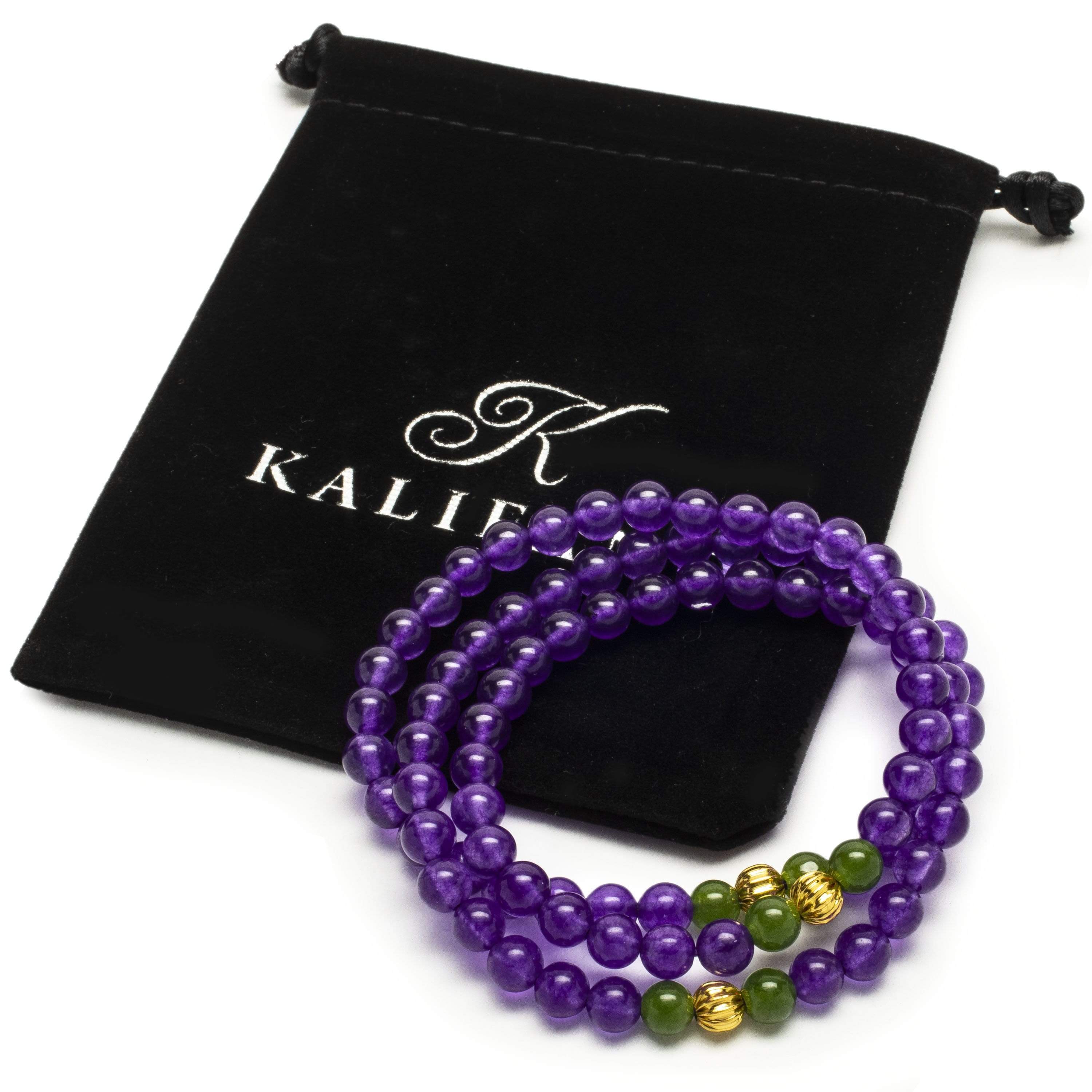 Kalifano Gemstone Bracelets Amethyst 6mm Beads with Aventurine and Gold Color Accent Beads Gemstone Triple Wrap Elastic Bracelet WHITE-BGI3-040