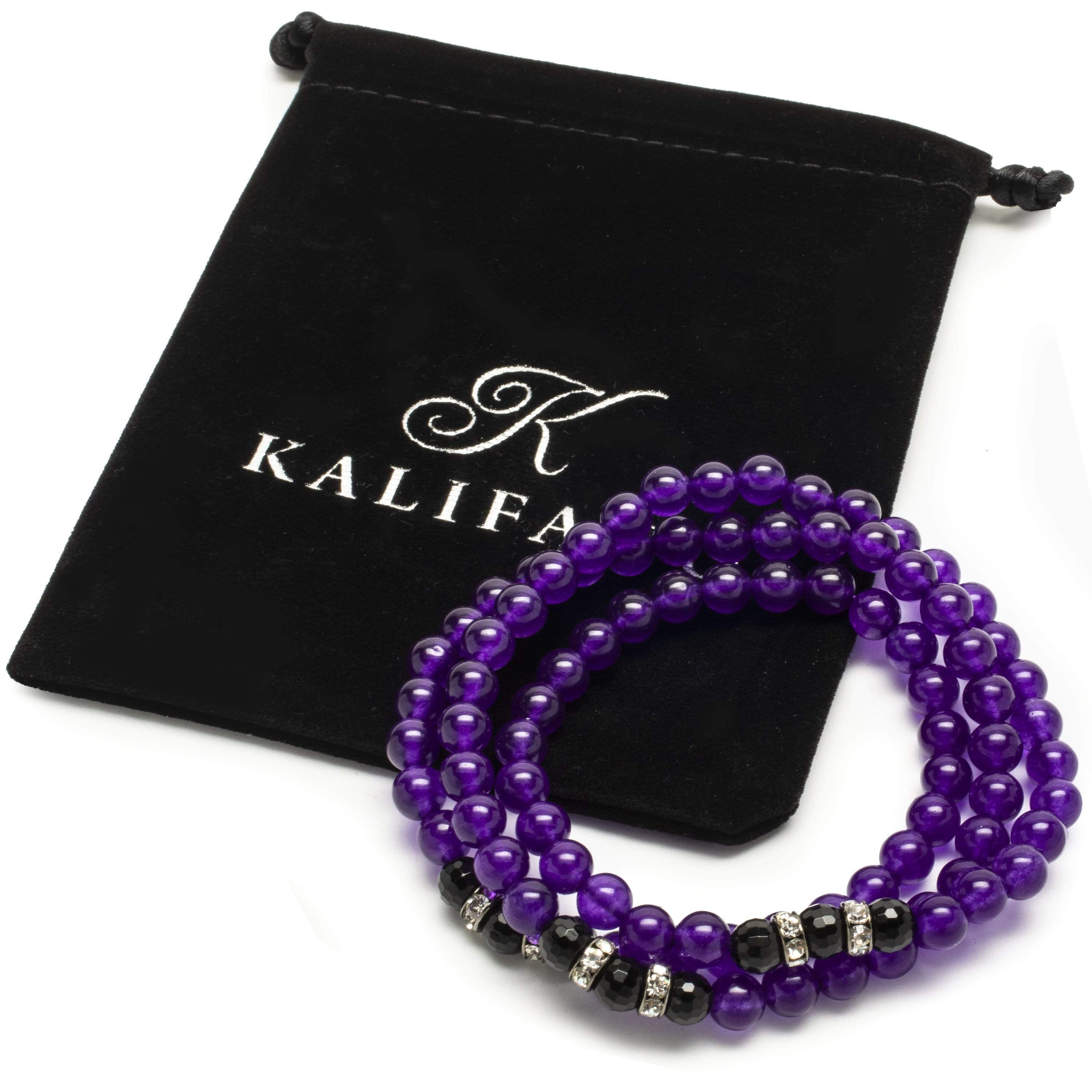 Kalifano Gemstone Bracelets Amethyst 6mm Beads with Black Agate Crystal Accent Beads Triple Wrap Elastic Gemstone Bracelet WHITE-BGI3-036