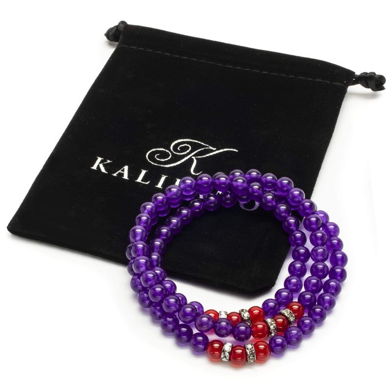 Kalifano Gemstone Bracelets Amethyst 6mm Beads with Strawberry Agate Crystal Accent Beads Triple Wrap Elastic Gemstone Bracelet WHITE-BGI3-035