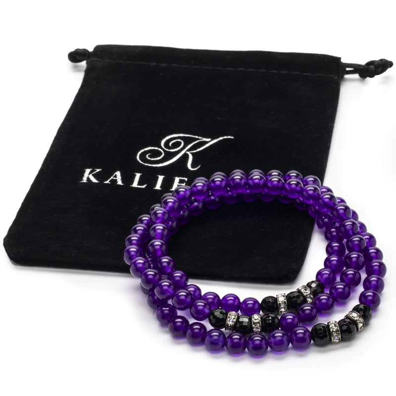 Kalifano Gemstone Bracelets Amethyst 6mm with Black Agate and Crystal Accent Beads Triple Wrap Elastic Gemstone Bracelet WHITE-BGI3-016