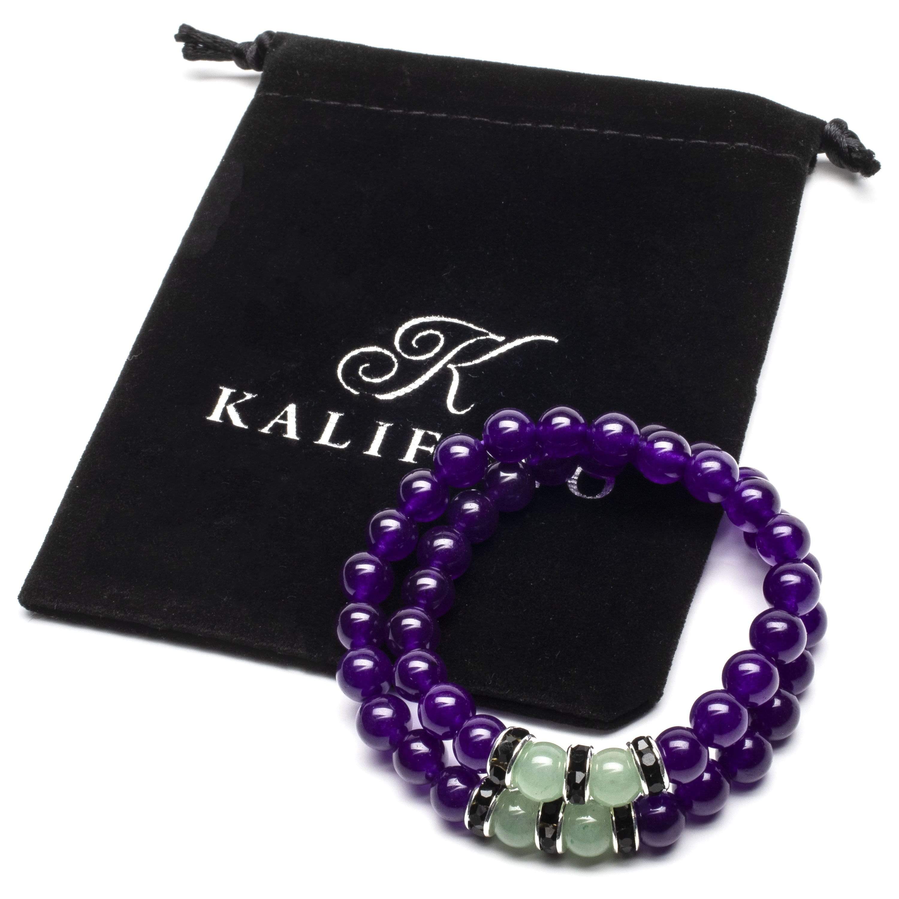 Kalifano Gemstone Bracelets Amethyst 8mm Beads with Aventurine and Black and Silver Accent Beads Double Wrap Elastic Gemstone Bracelet WHITE-BGI2-014