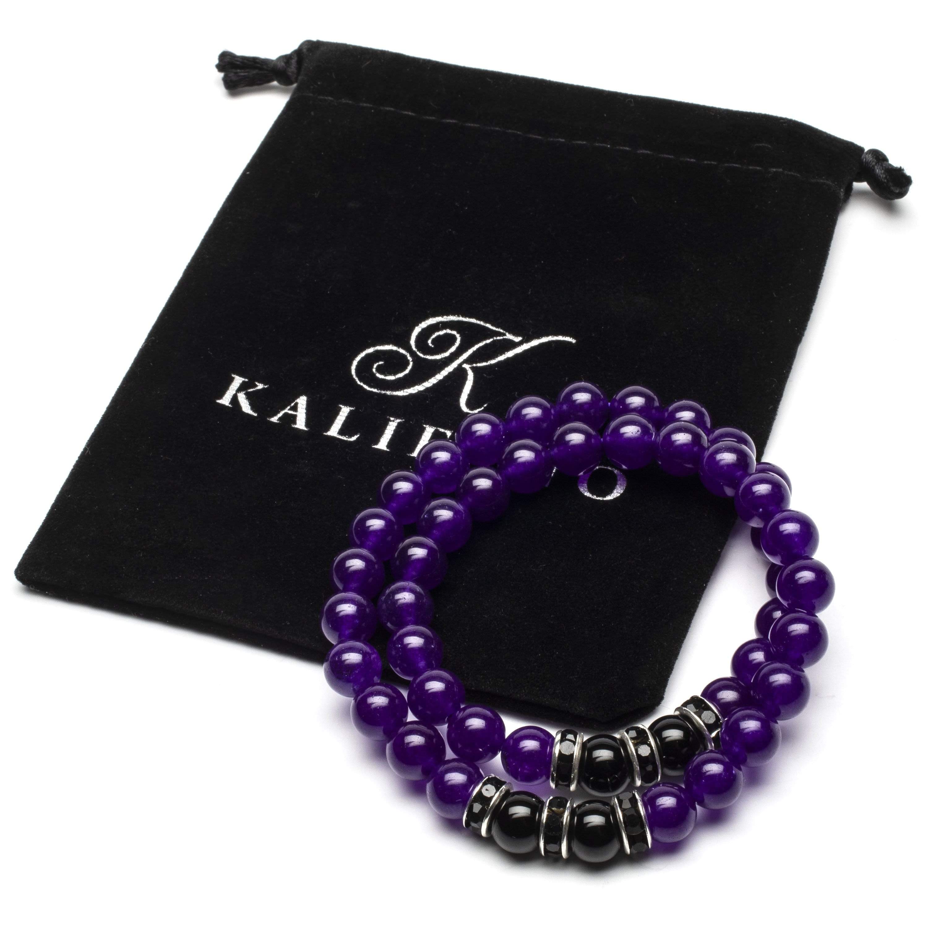Kalifano Gemstone Bracelets Amethyst 8mm Beads with Black Agate and Black & Silver Accent Beads Double Wrap Elastic Gemstone Bracelet WHITE-BGI2-008