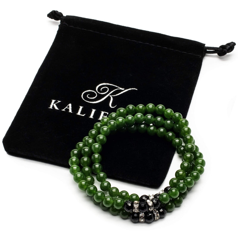 Kalifano Gemstone Bracelets Aventurine 6mm Beads with Black Agate and Crystal Accent Beads Triple Wrap Elastic Gemstone Bracelet WHITE-BGI3-008