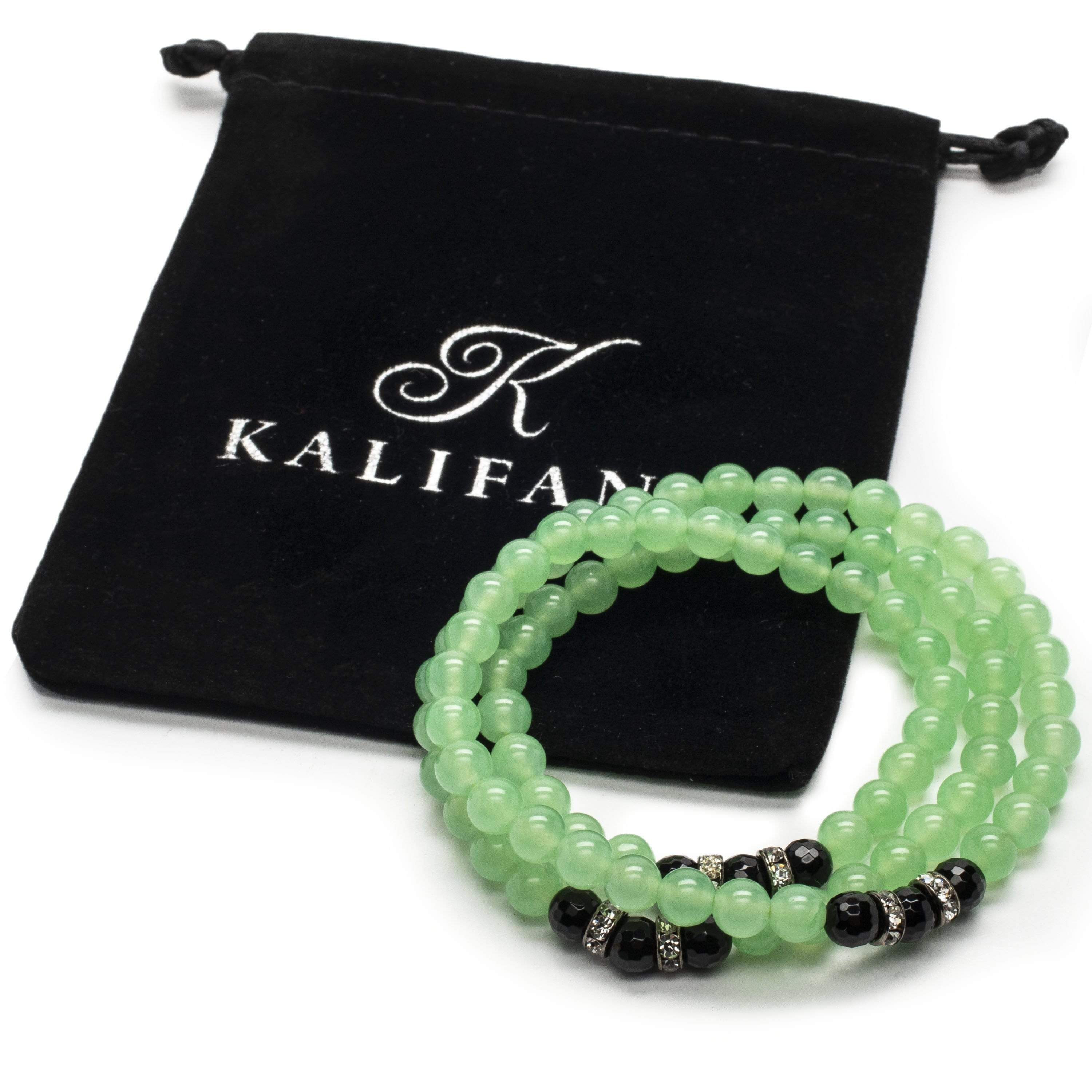 Kalifano Gemstone Bracelets Aventurine 6mm Beads with Black Agate and Crystal Accent Beads Triple Wrap Elastic Gemstone Bracelet WHITE-BGI3-011
