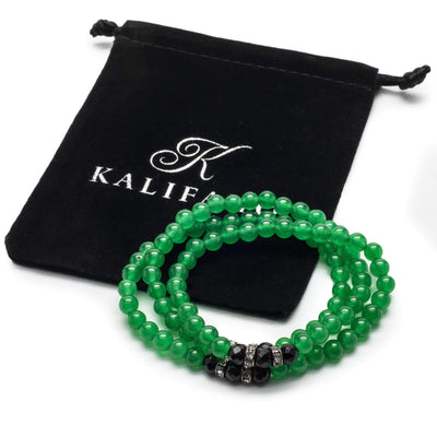 Kalifano Gemstone Bracelets Aventurine 6mm Beads with Black Agate and Crystal Accent Beads Triple Wrap Elastic Gemstone Bracelet WHITE-BGI3-012