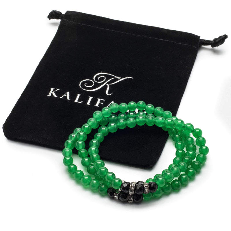 Kalifano Gemstone Bracelets Aventurine 6mm Beads with Black Agate and Crystal Accent Beads Triple Wrap Elastic Gemstone Bracelet WHITE-BGI3-012