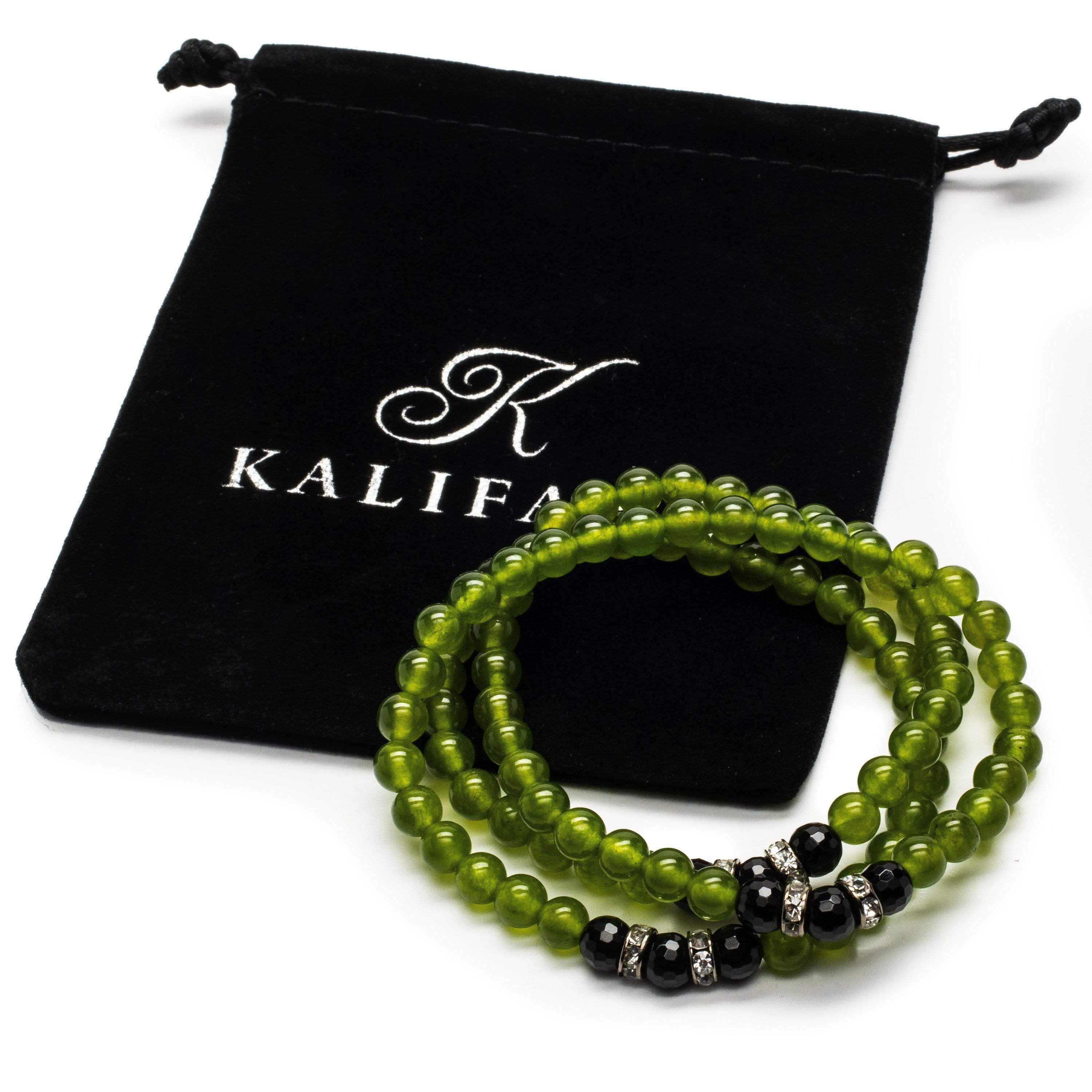 Kalifano Gemstone Bracelets Aventurine 6mm Beads with Black Agate and Crystal Accent Beads Triple Wrap Elastic Gemstone Bracelet WHITE-BGI3-017
