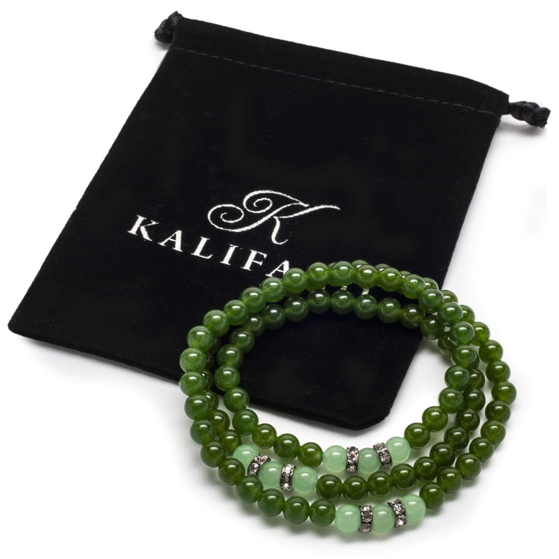 Kalifano Gemstone Bracelets Aventurine 6mm Beads with Crystal Accent Beads Triple Wrap Elastic Gemstone Bracelet WHITE-BGI3-038