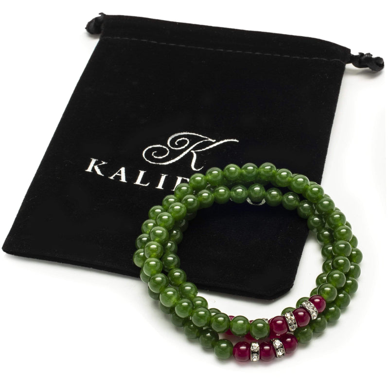 Kalifano Gemstone Bracelets Aventurine 6mm Beads with Fuchsia Agate Crystal Accent Beads Triple Wrap Elastic Gemstone Bracelet WHITE-BGI3-037