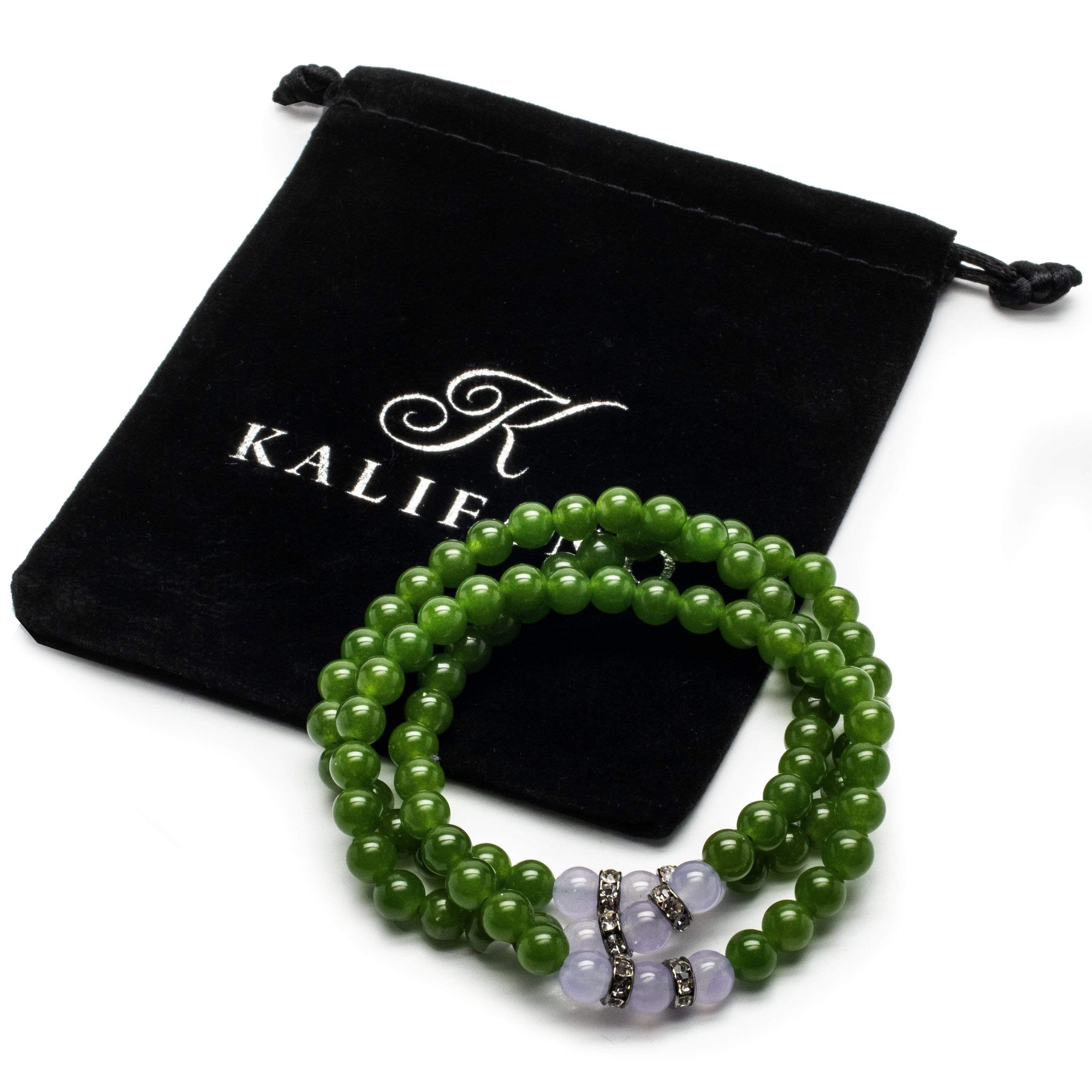 Kalifano Gemstone Bracelets Aventurine 6mm Beads with Lavender Agate and Crystal Accent Beads Gemstone Triple Wrap Bracelet WHITE-BGI3-009