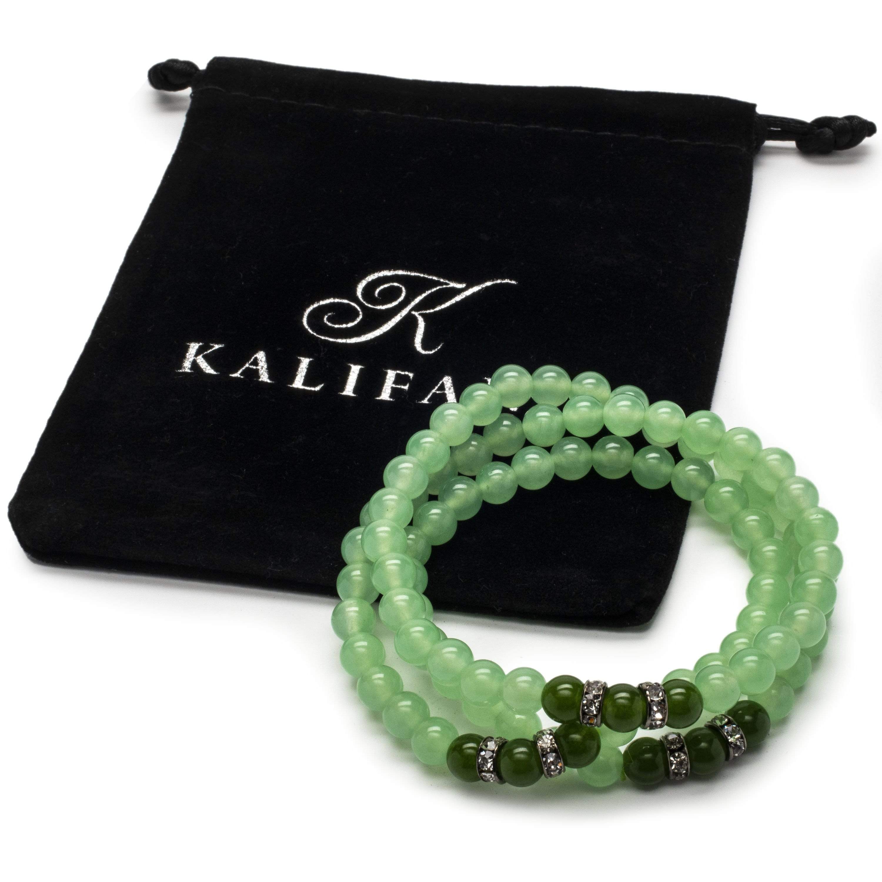 Kalifano Gemstone Bracelets Aventurine 6mm Gemstone Beads Triple Wrap Elastic Braceletwith Crystal Accent Beads WHITE-BGI3-013