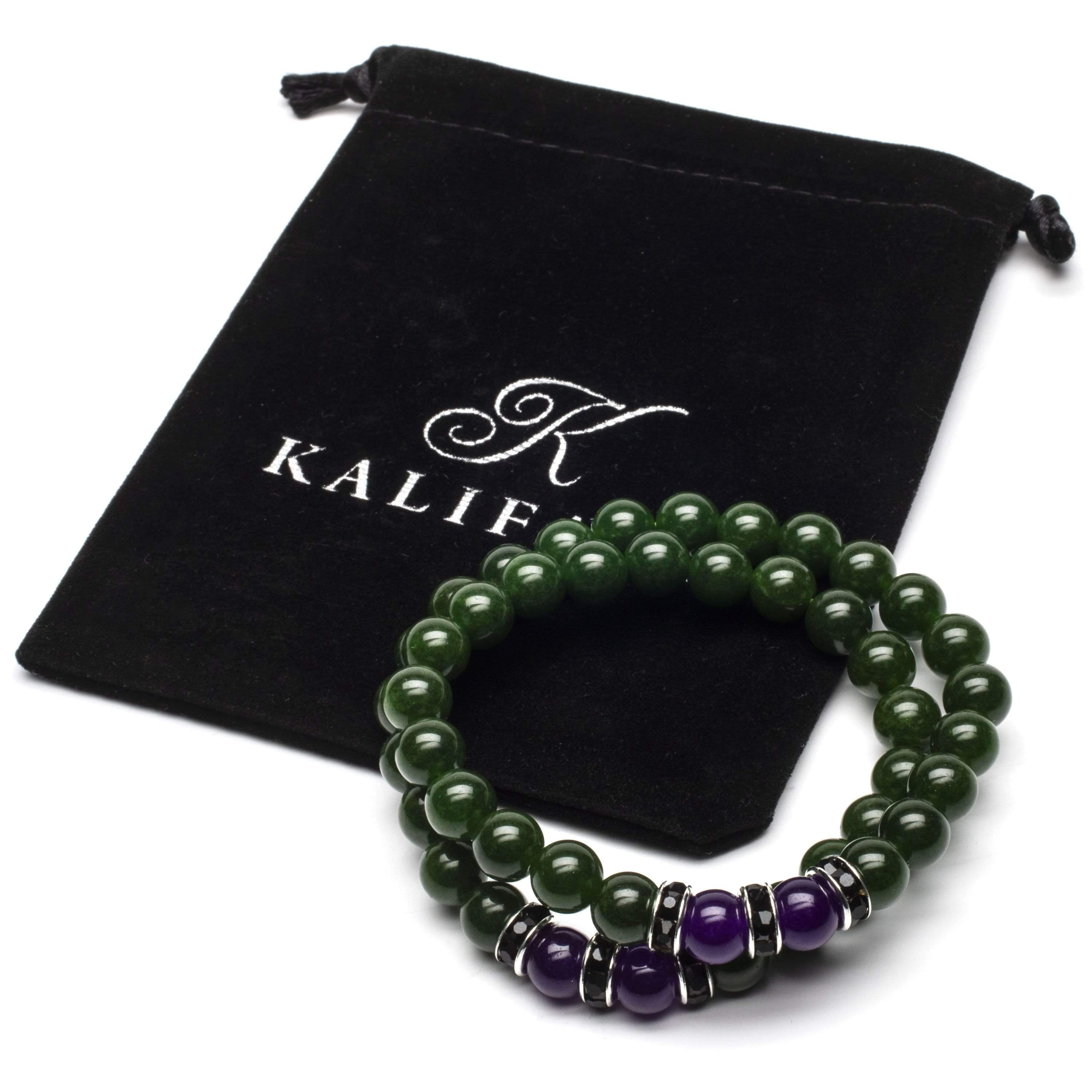 Kalifano Gemstone Bracelets Aventurine  8mm Beads with Amethyst and Black and Silver Accent Beads Double Wrap Elastic Gemstone Bracelet WHITE-BGI2-035