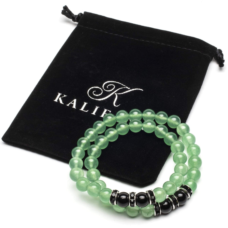 Kalifano Gemstone Bracelets Aventurine 8mm Beads with Black Agate and Black and Silver Accent Beads Double Wrap Elastic Gemstone Bracelet WHITE-BGI2-018