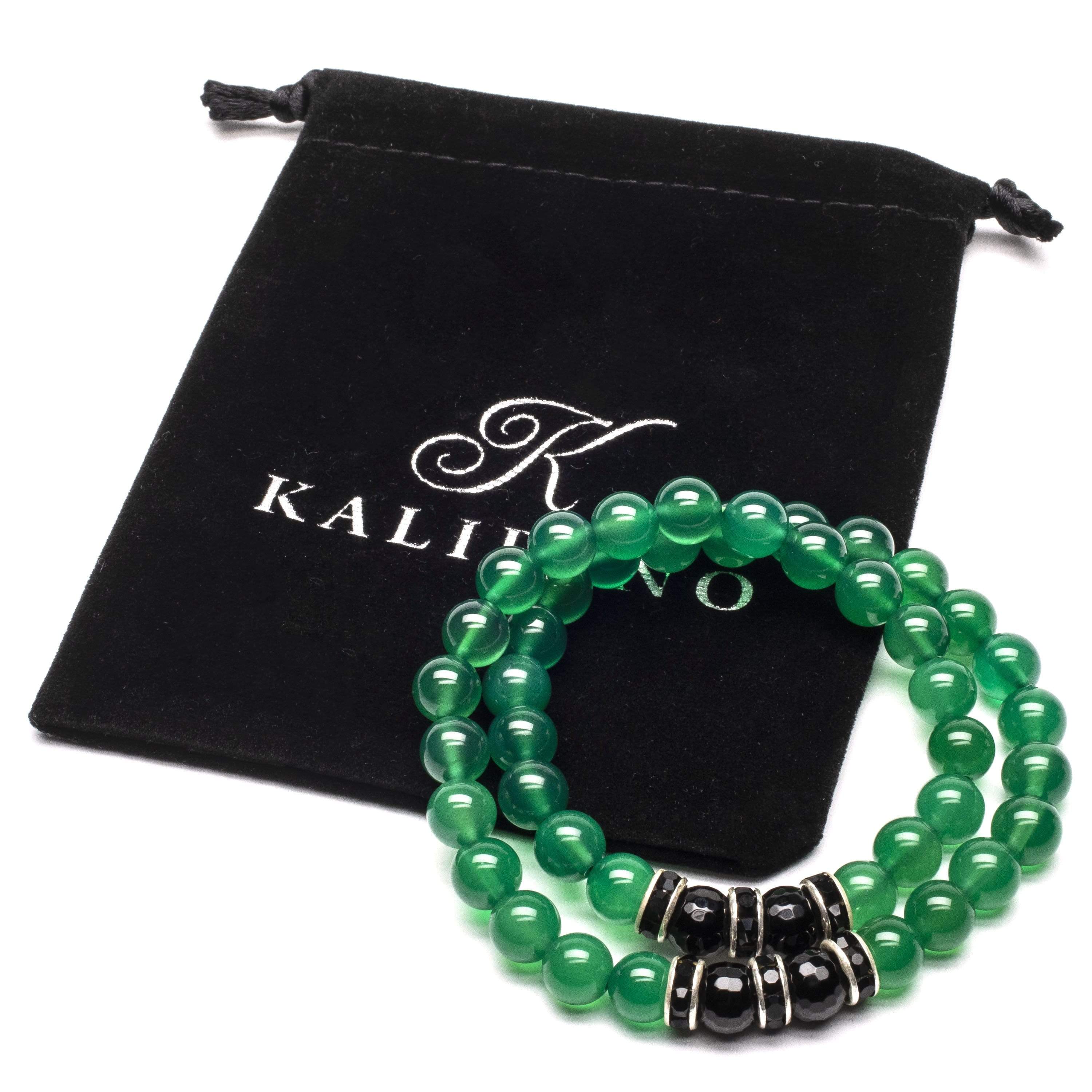 Kalifano Gemstone Bracelets Aventurine 8mm Beads with Black Agate and Black and Silver Accent Beads Double Wrap Elastic Gemstone Bracelet WHITE-BGI2-020