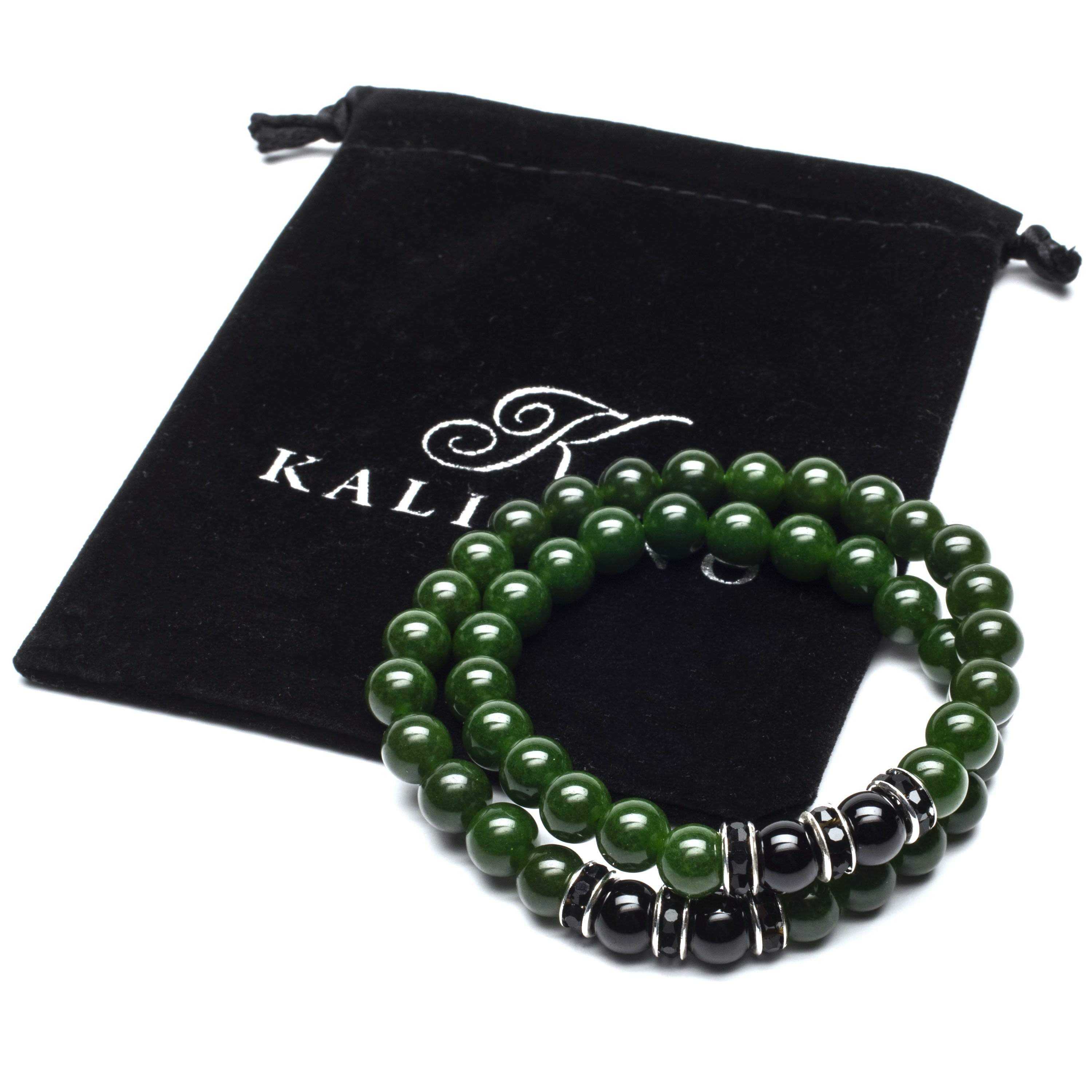 Kalifano Gemstone Bracelets Aventurine 8mm Beads with Black Agate and Black and Silver Accent Beads Double Wrap Elastic Gemstone Bracelet WHITE-BGI2-031