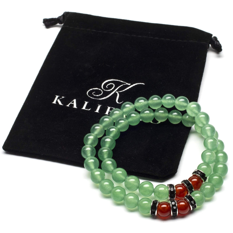 Kalifano Gemstone Bracelets Aventurine 8mm Beads with Carnelian and Black and Silver Accent Beads Double Wrap Elastic Gemstone Bracelet WHITE-BGI2-024