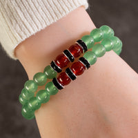 Aventurine 8mm Beads with Carnelian and Black and Silver Accent Beads Double Wrap Elastic Gemstone Bracelet Main Image