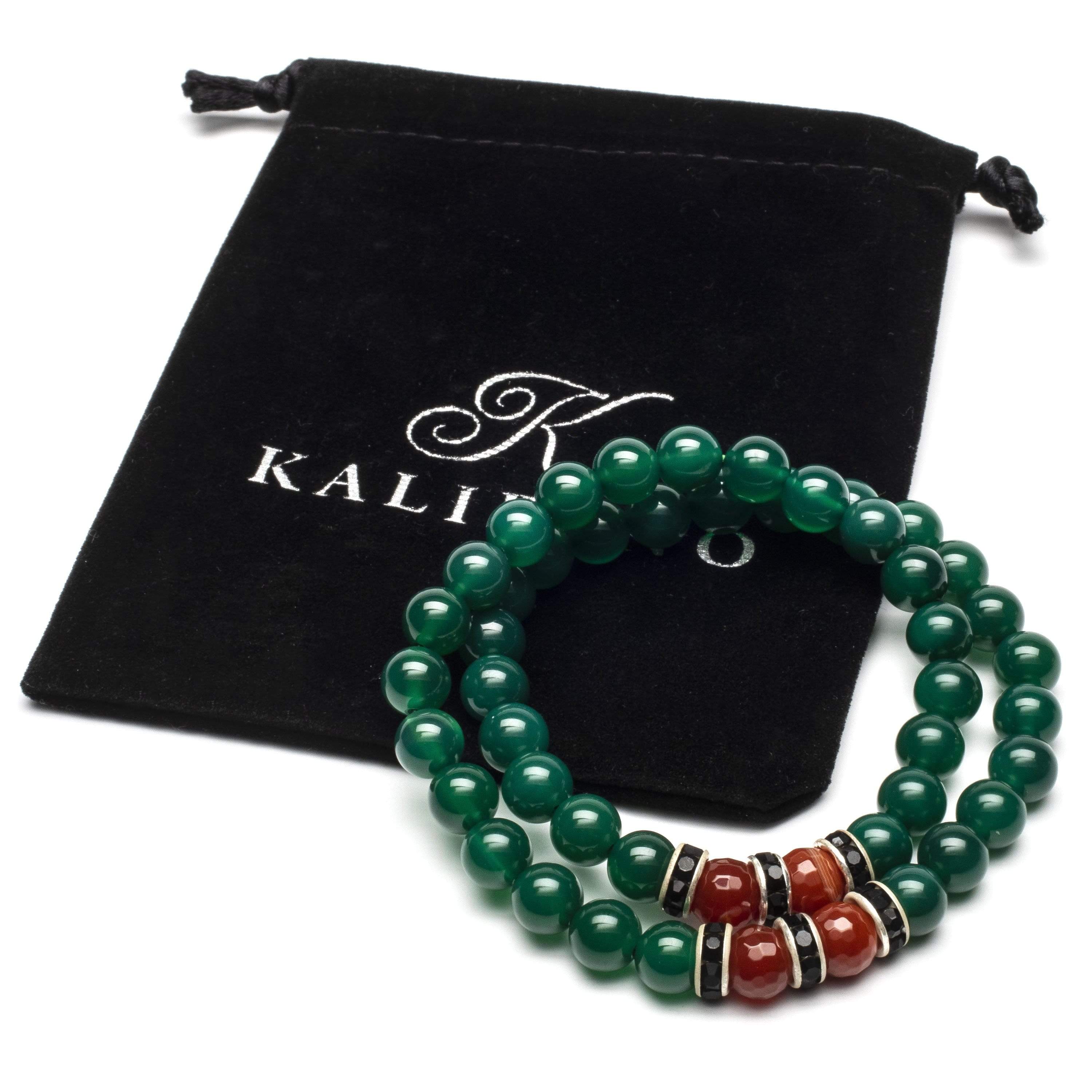 Kalifano Gemstone Bracelets Aventurine  8mm Beads with Carnellian and Black and Silver Accent Beads Double Wrap Elastic Gemstone Bracelet WHITE-BGI2-021