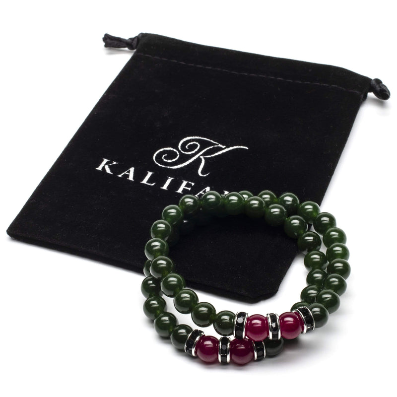 Kalifano Gemstone Bracelets Aventurine 8mm Beads with Fuchsia Agate and Black and Silver Accent Beads Double Wrap Elastic Gemstone Bracelet WHITE-BGI2-034