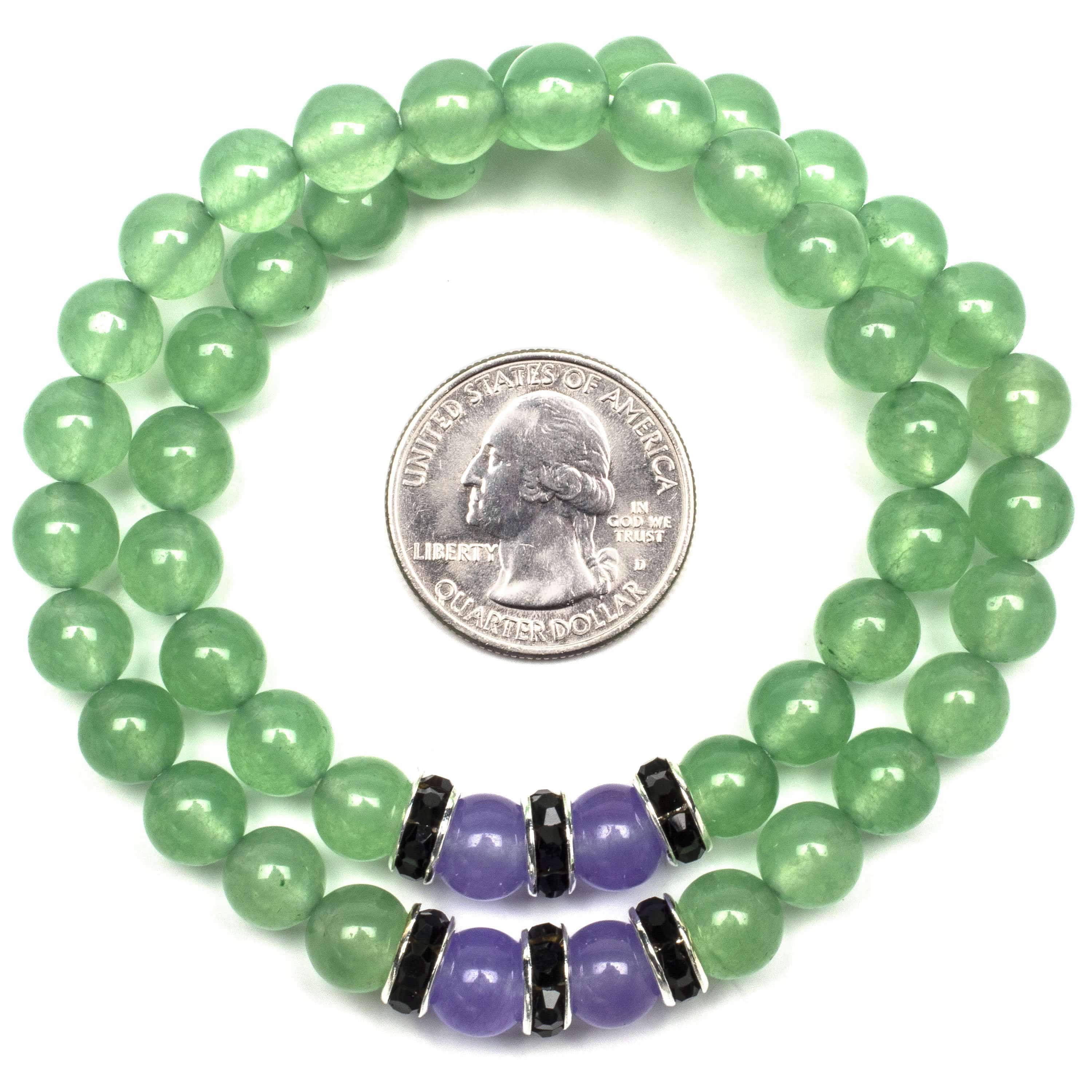 Kalifano Gemstone Bracelets Aventurine 8mm Beads with Purple Agate and Black and Silver Accent Beads Double Wrap Elastic Gemstone Bracelet WHITE-BGI2-022