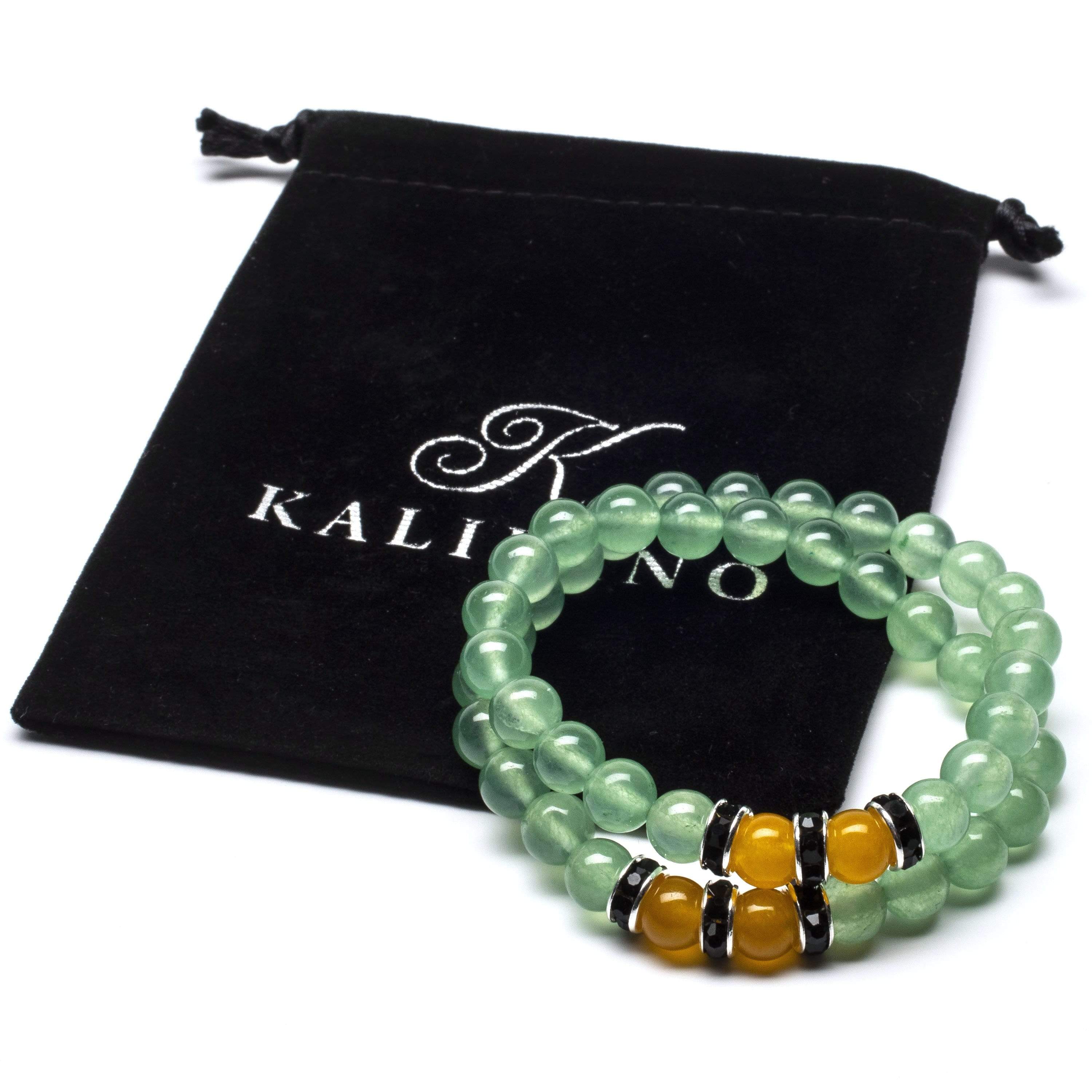 Kalifano Gemstone Bracelets Aventurine 8mm Beads with Yellow Agate and Black and Silver Accent Beads Double Wrap Elastic Gemstone Bracelet WHITE-BGI2-023