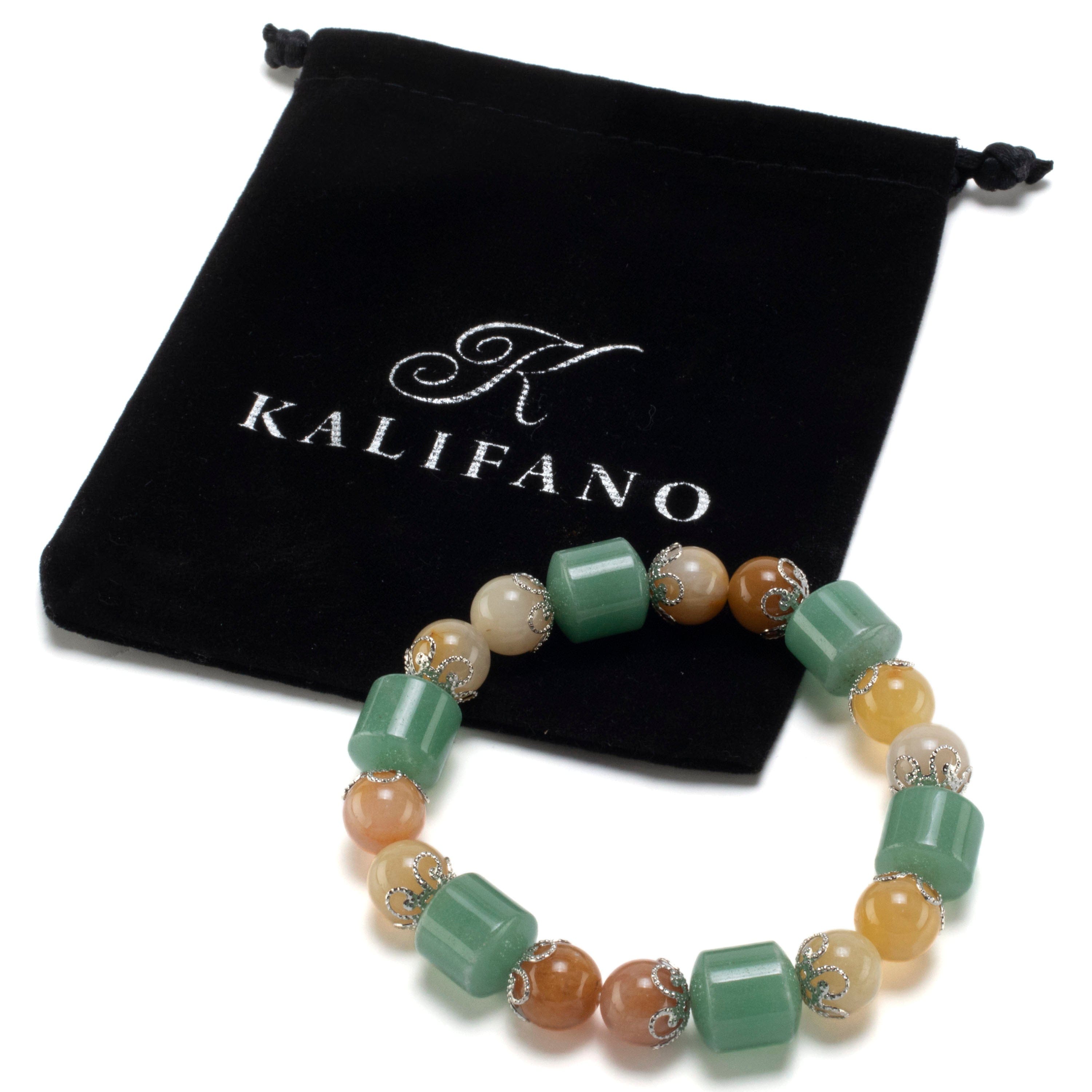Kalifano Gemstone Bracelets Aventurine and Butter Jade with Flower Design Accents Gemstone Elastic Bracelet BLUE-BGP-021
