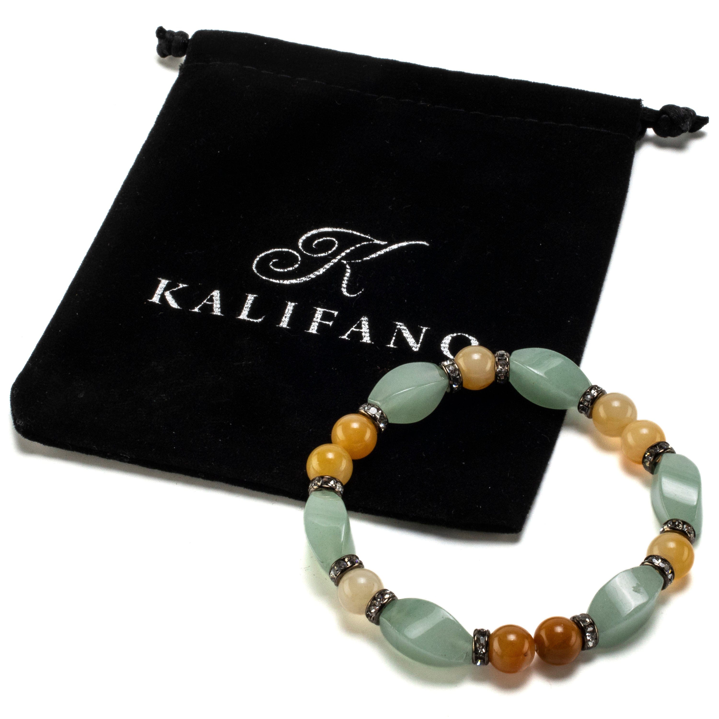 Kalifano Gemstone Bracelets Aventurine Twisted Bead and Round Butter Jade with Crystal Accent Beads Gemstone Elastic Bracelet BLUE-BGP-019