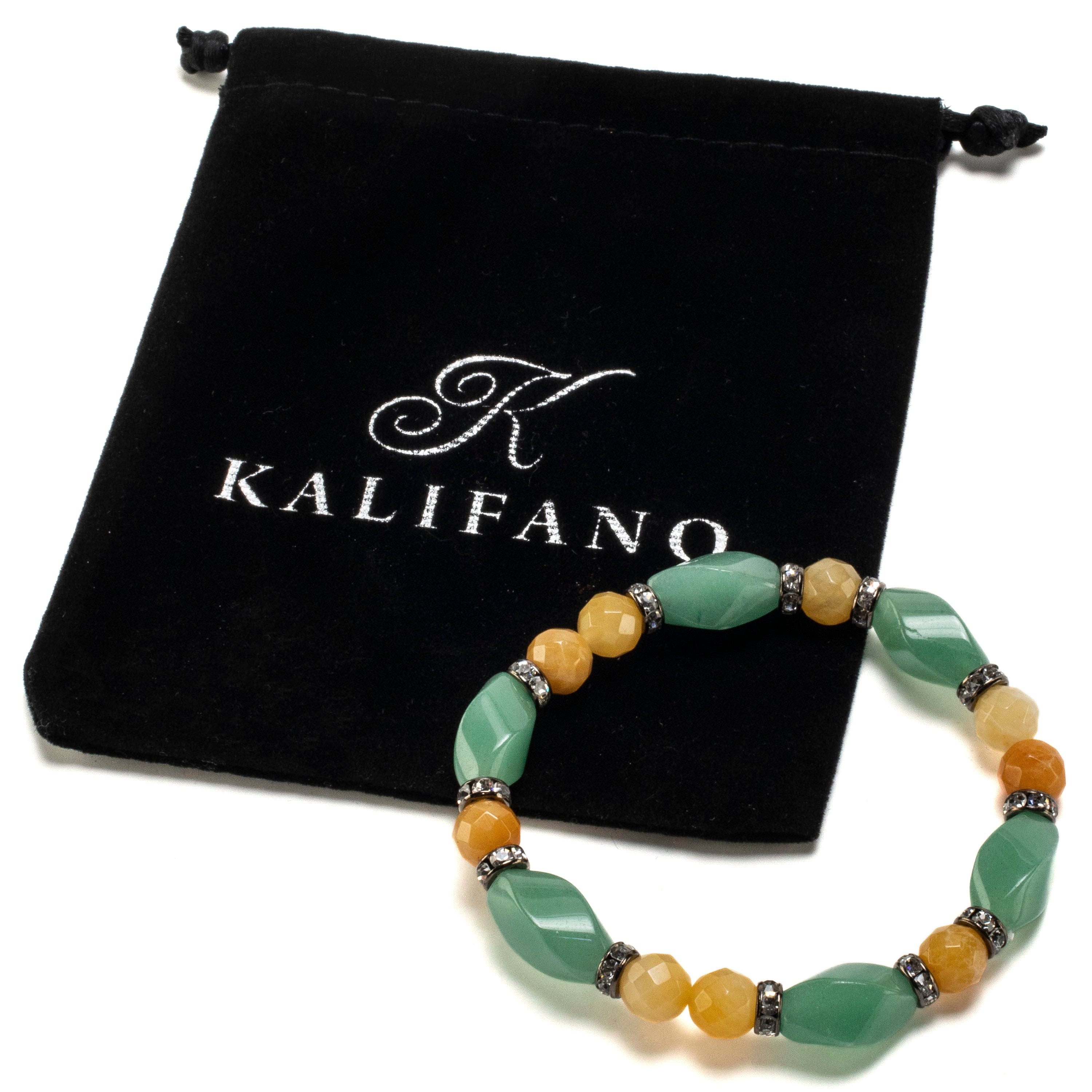 Kalifano Gemstone Bracelets Aventurine Twisted Bead and Round Faceted Butter Jade with Crystal Accent Beads Gemstone Elastic Bracelet BLUE-BGP-020