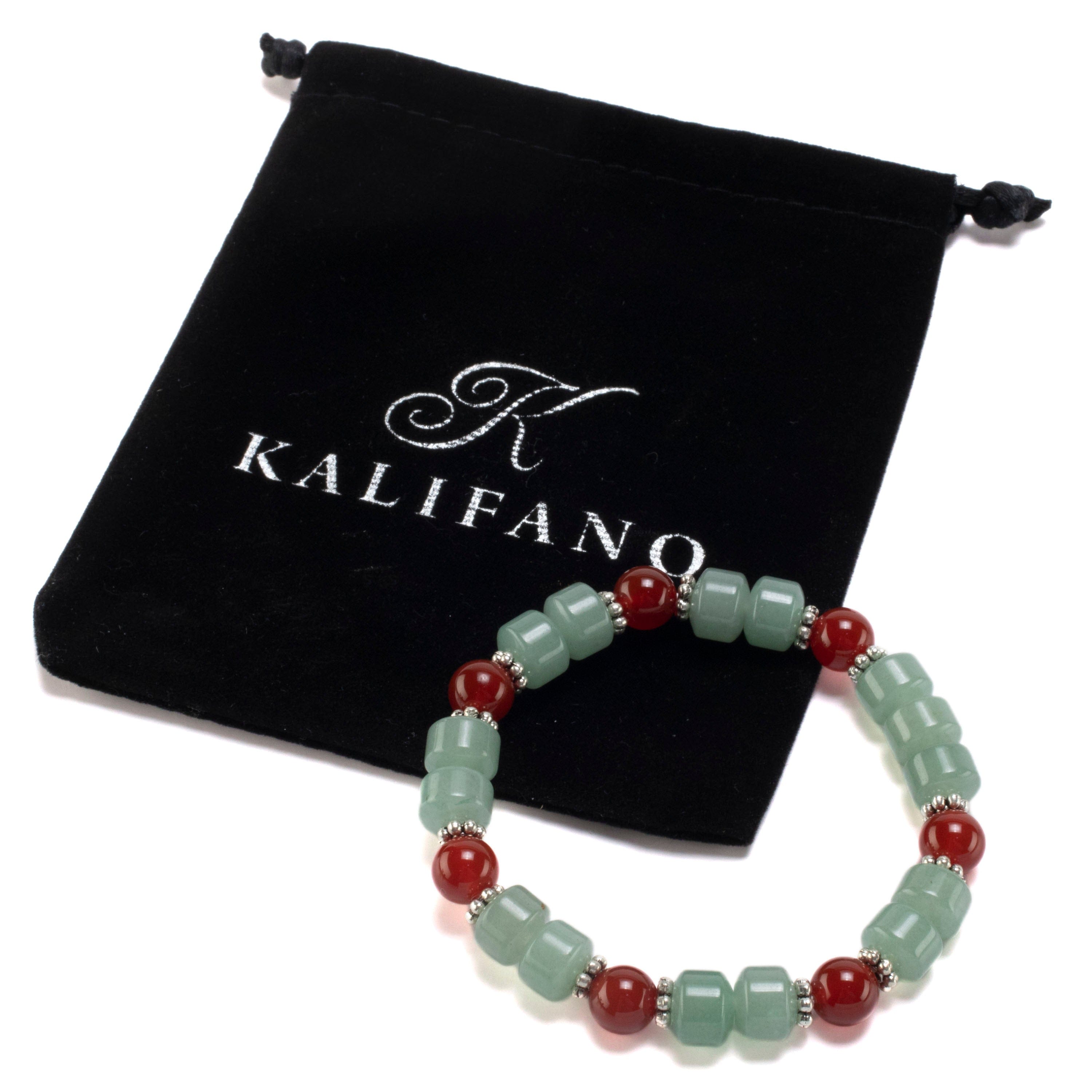 Kalifano Gemstone Bracelets Aventurine Wheel Shaped Bead and Round Carnelian with Crystal Accent Beads Gemstone Elastic Bracelet BLUE-BGP-006