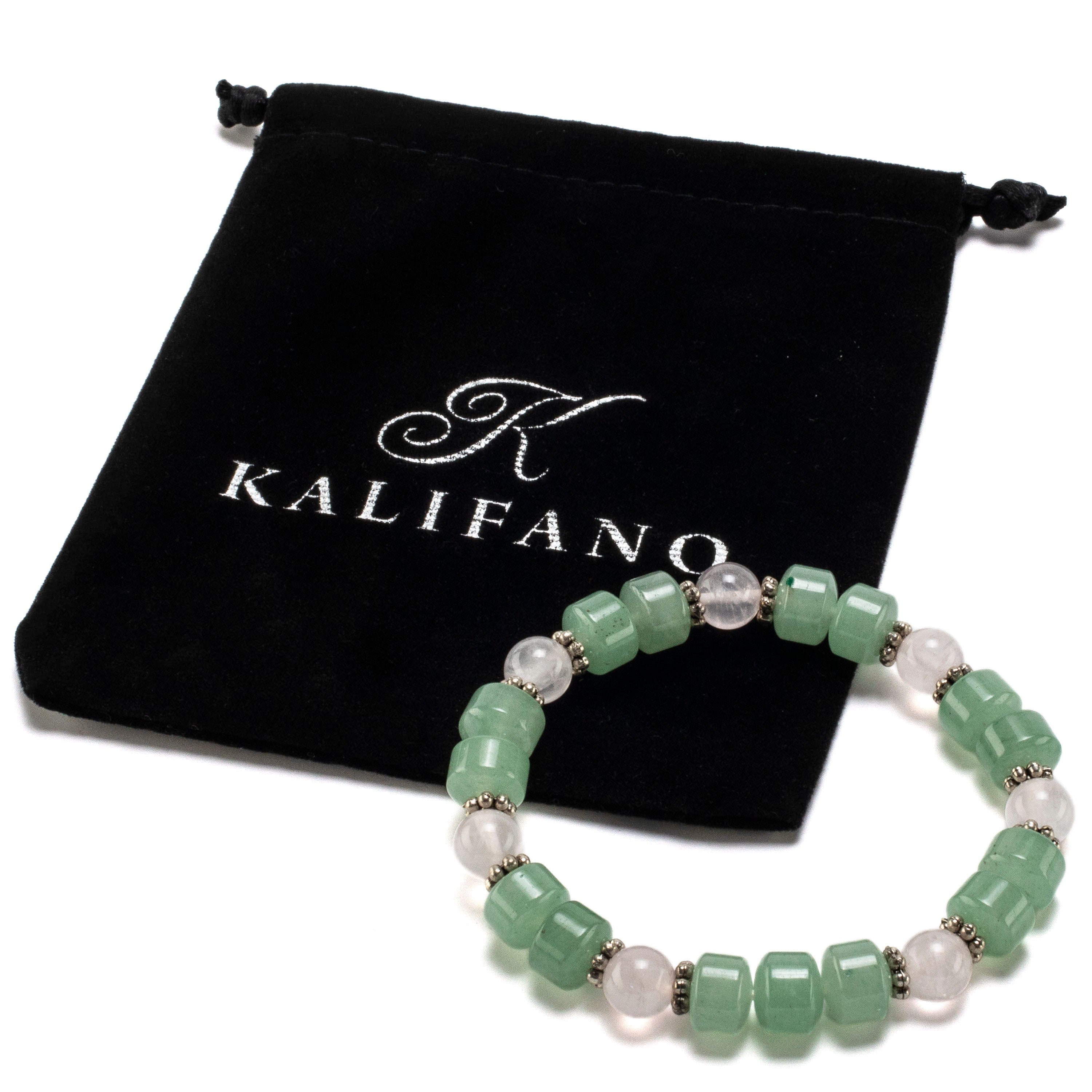 Kalifano Gemstone Bracelets Aventurine Wheel Shaped Beads and Round Rose Quartz with Accent Beads Gemstone Elastic Bracelet BLUE-BGP-036