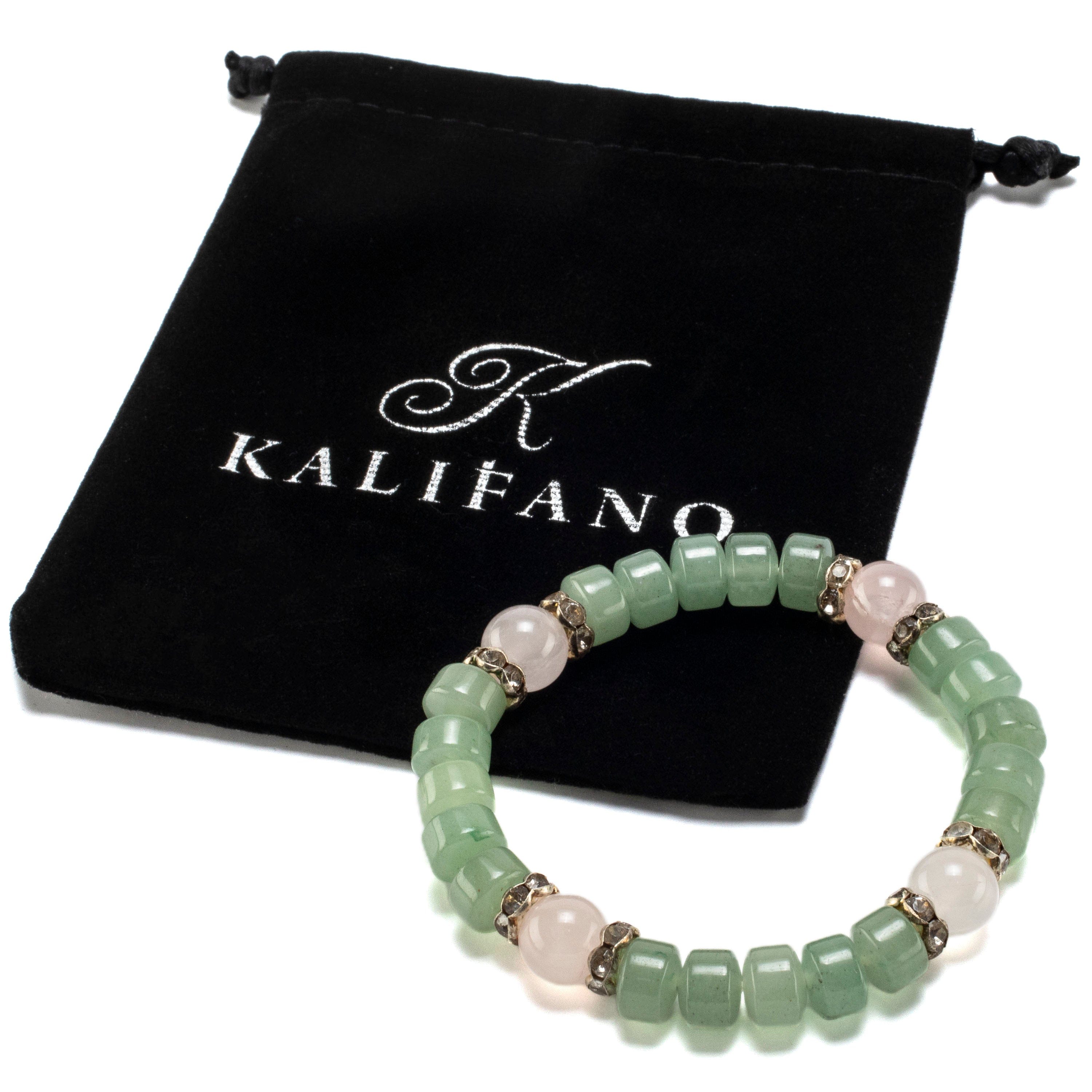 Kalifano Gemstone Bracelets Aventurine Wheel Shaped Beads and Round Rose Quartz with Crystal Accent Beads Gemstone Elastic Bracelet BLUE-BGP-035