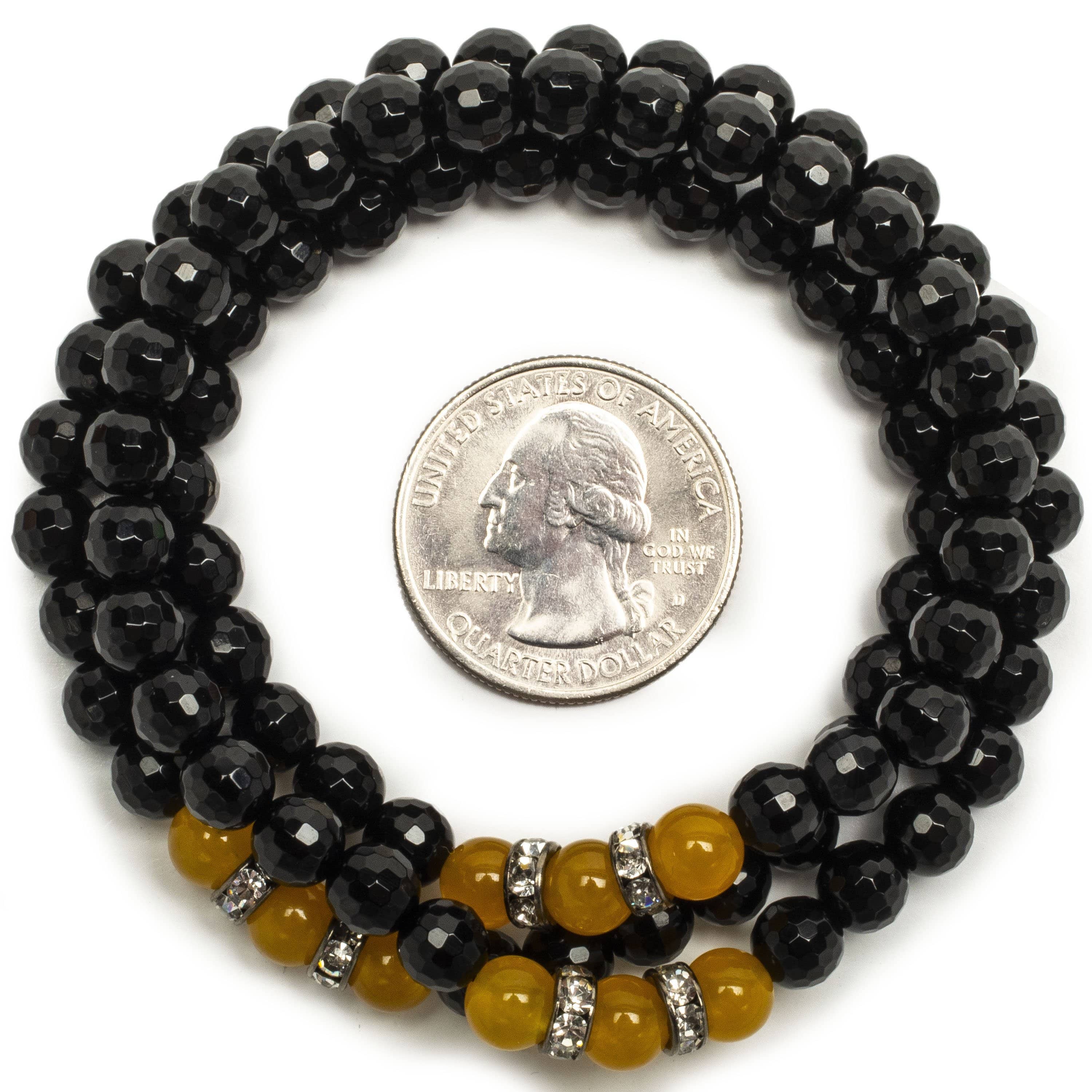 Kalifano Gemstone Bracelets Black Agate 6mm Beads with Yellow Agate and Silver Crystal Accent Beads Triple Wrap Elastic Gemstone Bracelet WHITE-BGI3-063