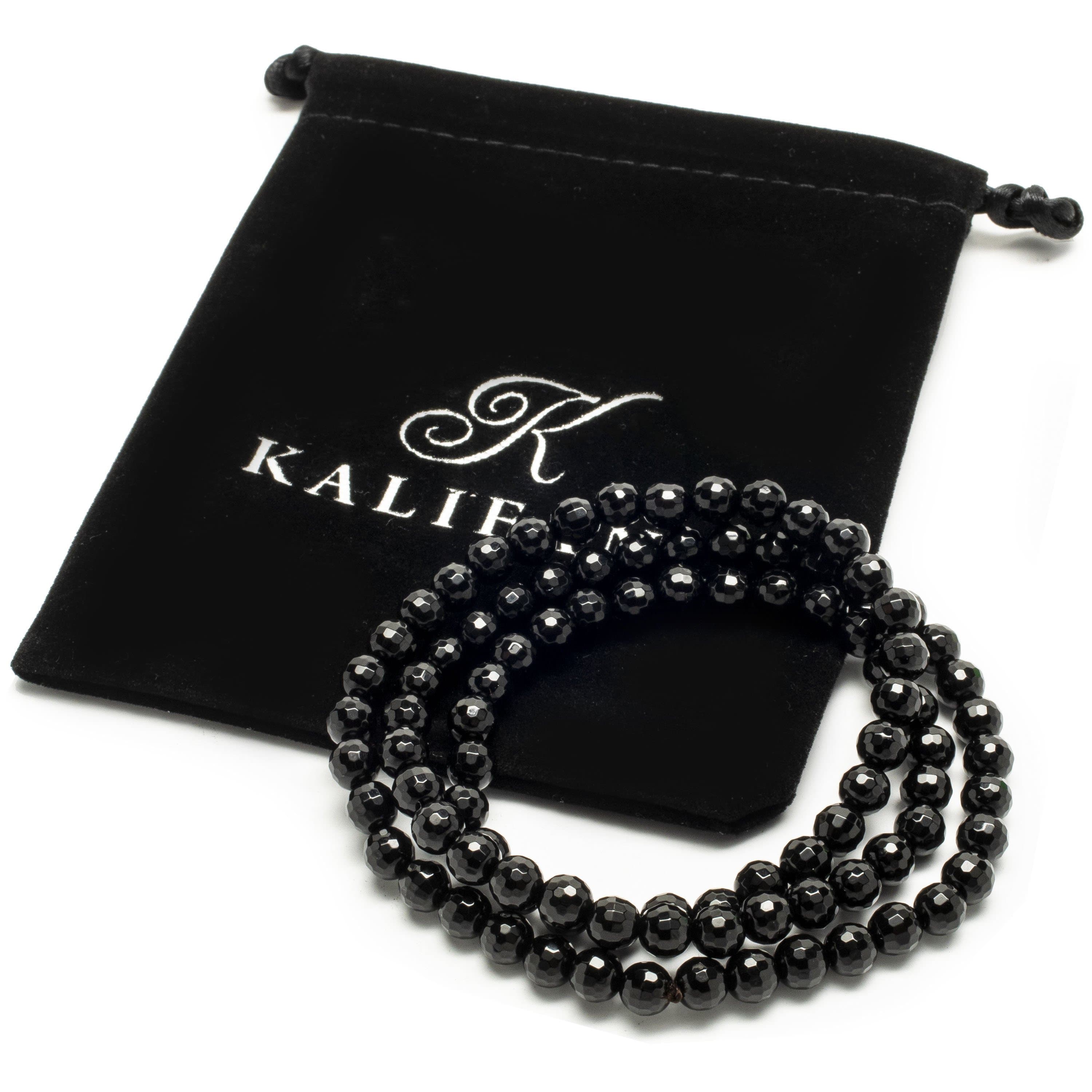 Kalifano Gemstone Bracelets Black Agate 6mm Gemstone Bead Triple Wrap Elastic Gemstone Bracelet WHITE-BGI3-030
