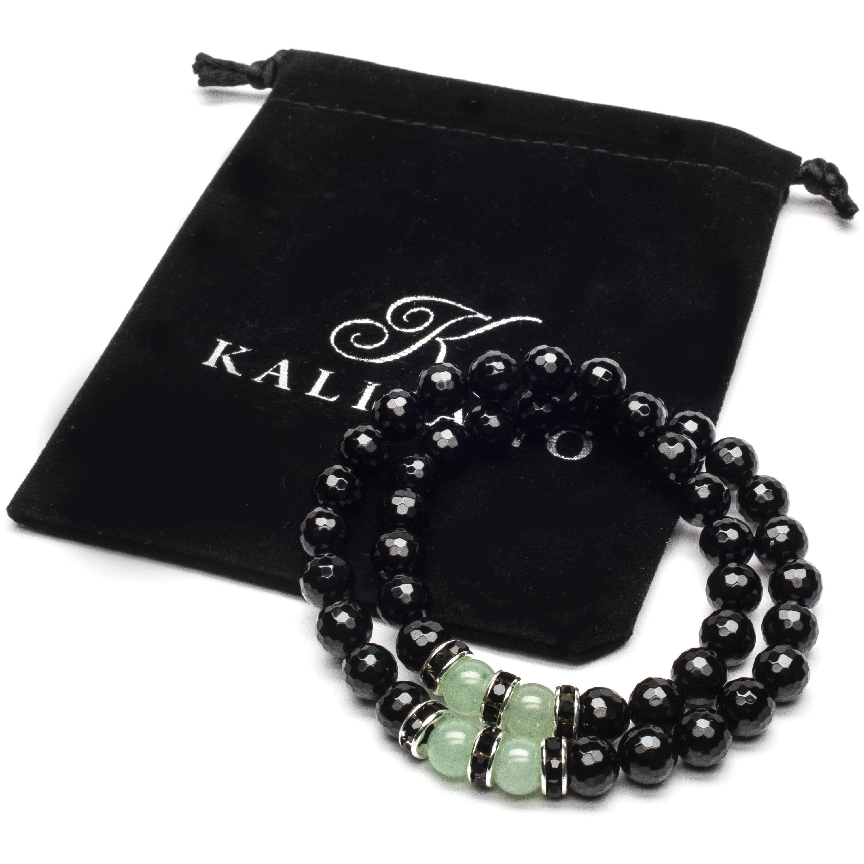 Kalifano Gemstone Bracelets Black Agate 8mm Beaads with Aventurine and Black & Silver Accent Beads Double Wrap Elastic Gemstone Bracelet WHITE-BGI2-006