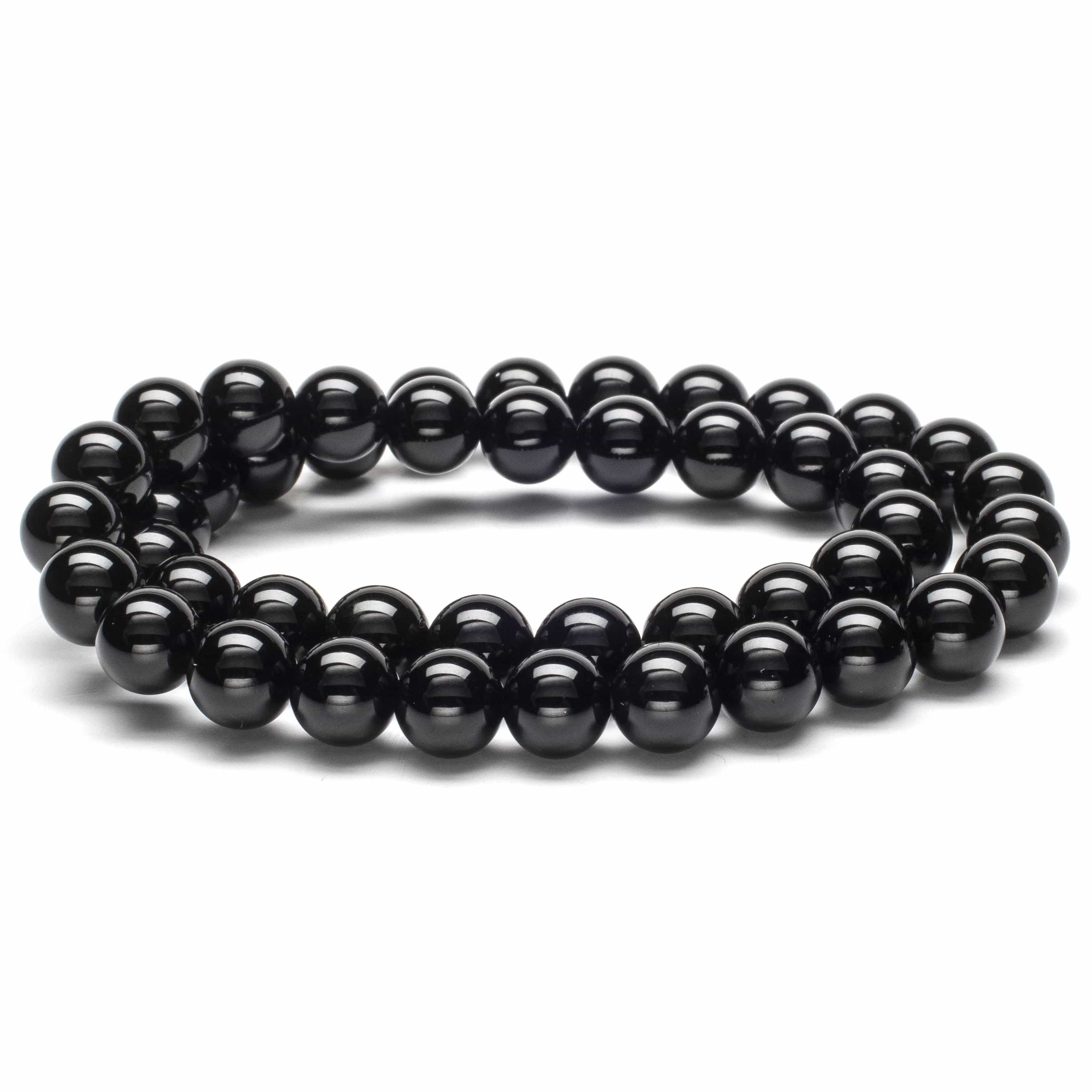 Kalifano Gemstone Bracelets Black Agate 8mm Beads Double Wrap Elastic Gemstone Bracelet WHITE-BGI2-015