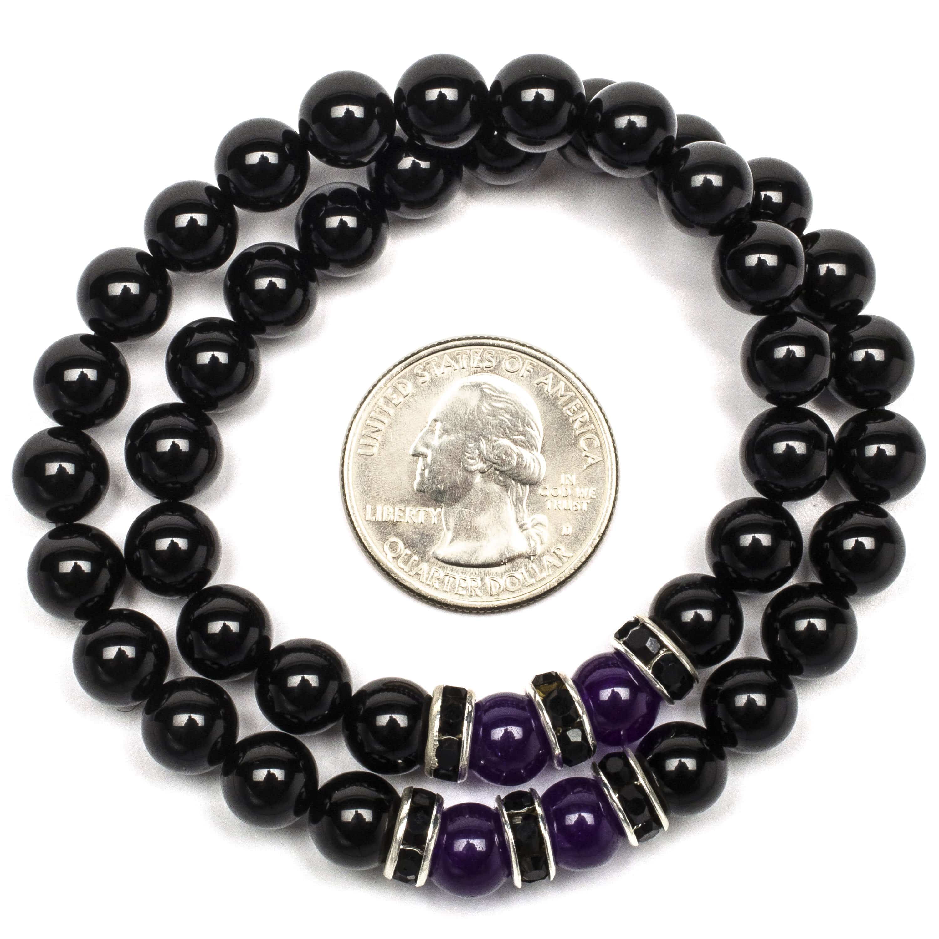 Kalifano Gemstone Bracelets Black Agate 8mm Beads with Amethyst and Black & Silver Accent Beads Double Wrap Elastic Gemstone Bracelet WHITE-BGI2-003
