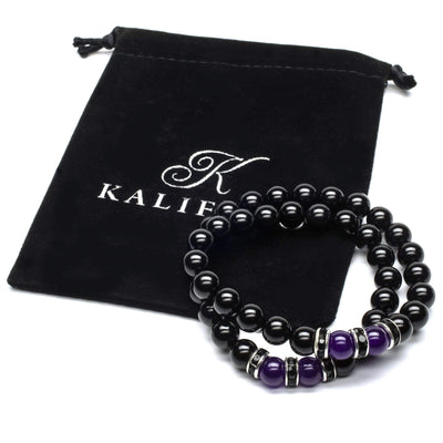 Kalifano Gemstone Bracelets Black Agate 8mm Beads with Amethyst and Black & Silver Accent Beads Double Wrap Elastic Gemstone Bracelet WHITE-BGI2-003