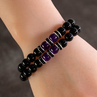 Black Agate 8mm Beads with Amethyst and Black & Silver Accent Beads Double Wrap Elastic Gemstone Bracelet Main Image