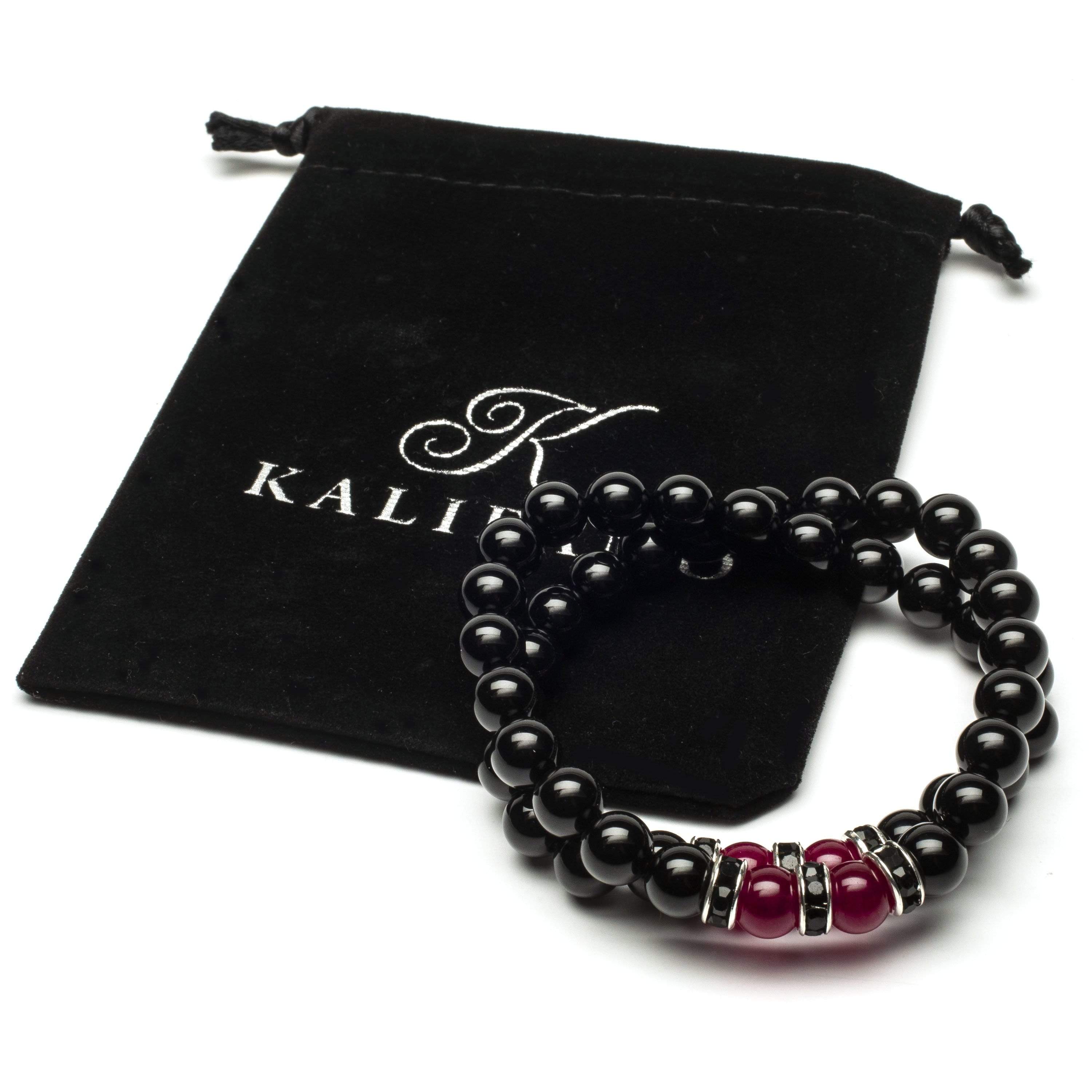 Kalifano Gemstone Bracelets Black Agate 8mm Beads with Fuchsia Agate and Black & Silver Accent Beads Double Wrap Elastic Gemstone Bracelet WHITE-BGI2-005