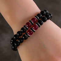 Black Agate 8mm Beads with Fuchsia Agate and Black & Silver Accent Beads Double Wrap Elastic Gemstone Bracelet Main Image