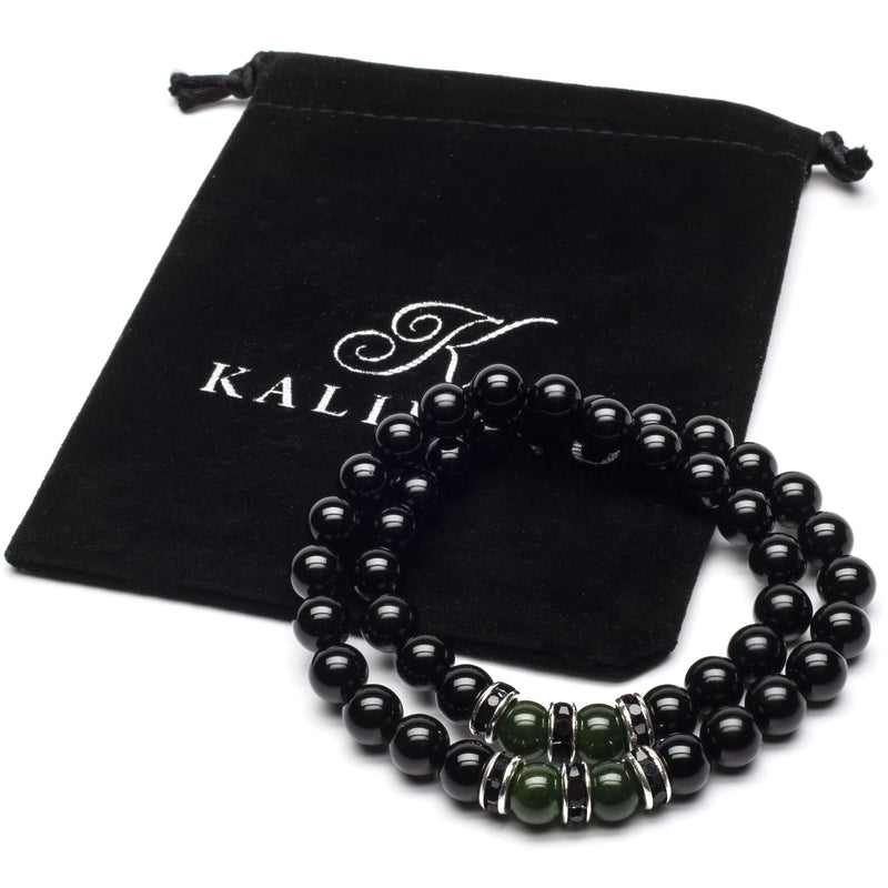 Kalifano Gemstone Bracelets Black Agate 8mm Beads with Green Agate and Black & Silver Accent Beads Double Wrap Elastic Gemstone Bracelet WHITE-BGI2-009