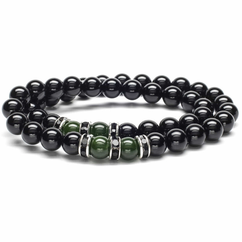 Kalifano Gemstone Bracelets Black Agate 8mm Beads with Green Agate and Black & Silver Accent Beads Double Wrap Elastic Gemstone Bracelet WHITE-BGI2-009
