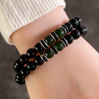 Black Agate 8mm Beads with Green Agate and Black & Silver Accent Beads Double Wrap Elastic Gemstone Bracelet Main Image